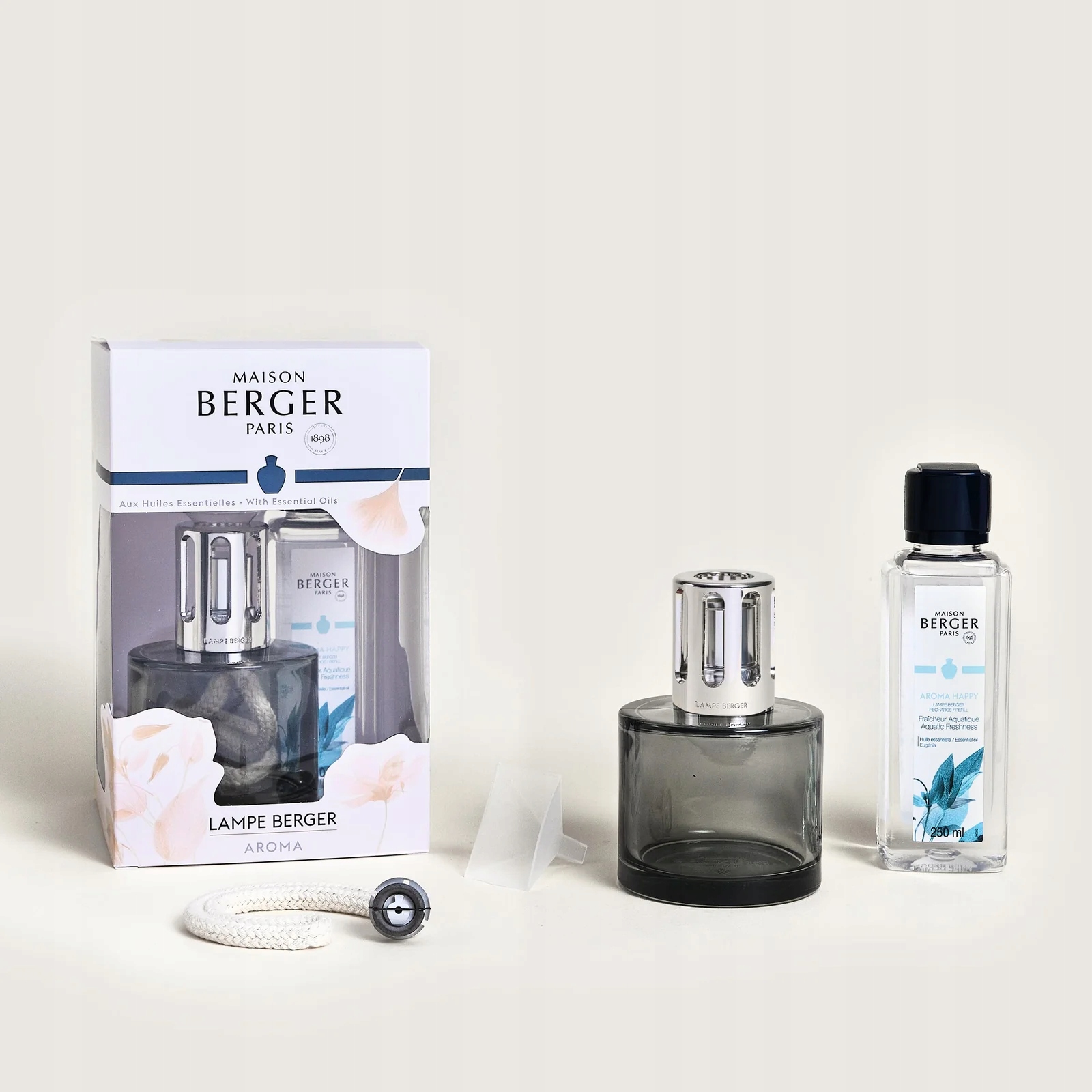 Sada Maison Berger katalytická lampa Aroma Happy Grey esence 250 ml