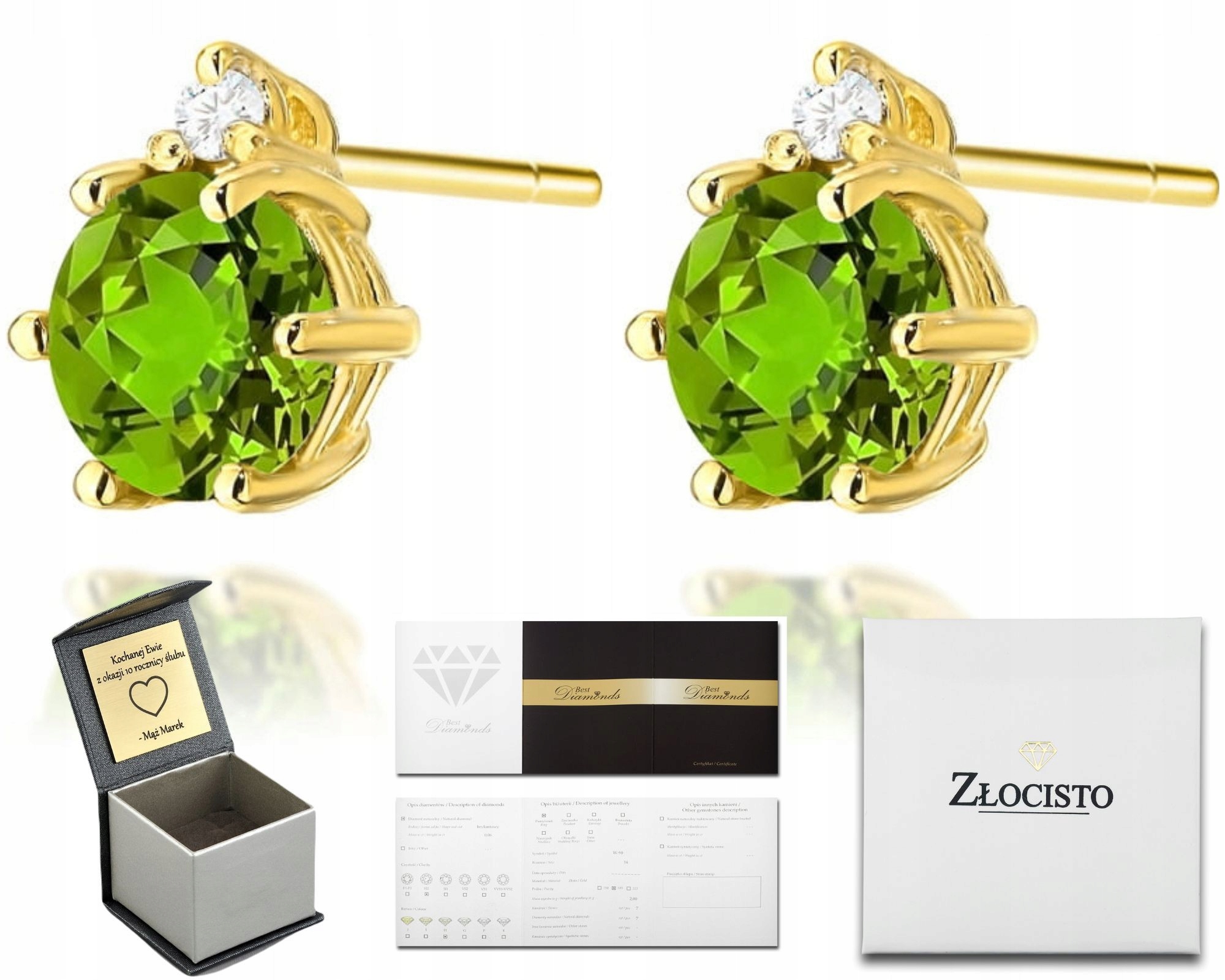 Náušnice Zlato Tyčinky Kámen Olivín S Brilianty V Ryzosti Zlata 585 14K