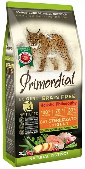 Primordial Grain Free Cat Neutered Exigent Salmon&quail 2KG