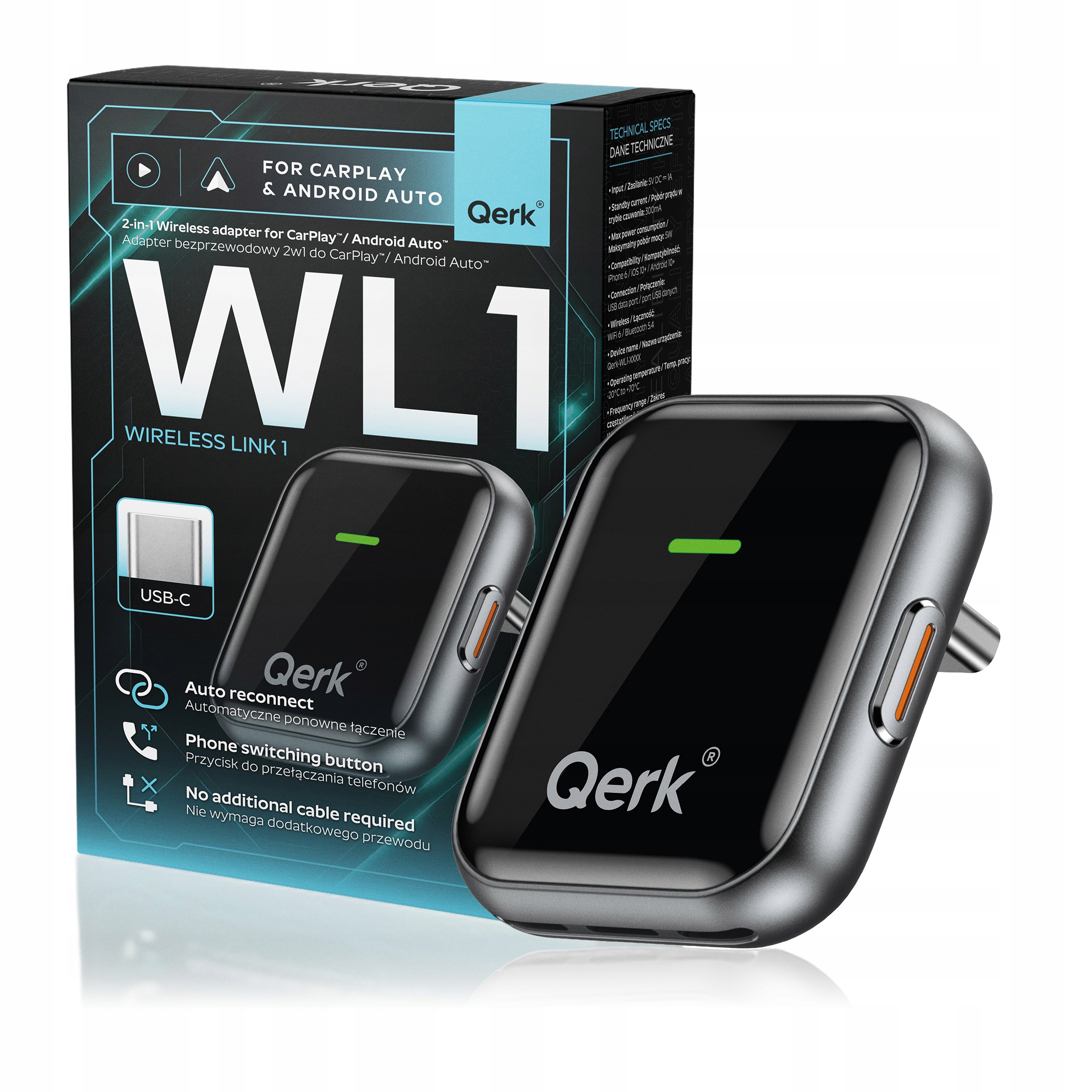 Wifi adaptér pro Apple CarPlay Android Auto Usb C Bt Slim Qerk WL1-B Značkový