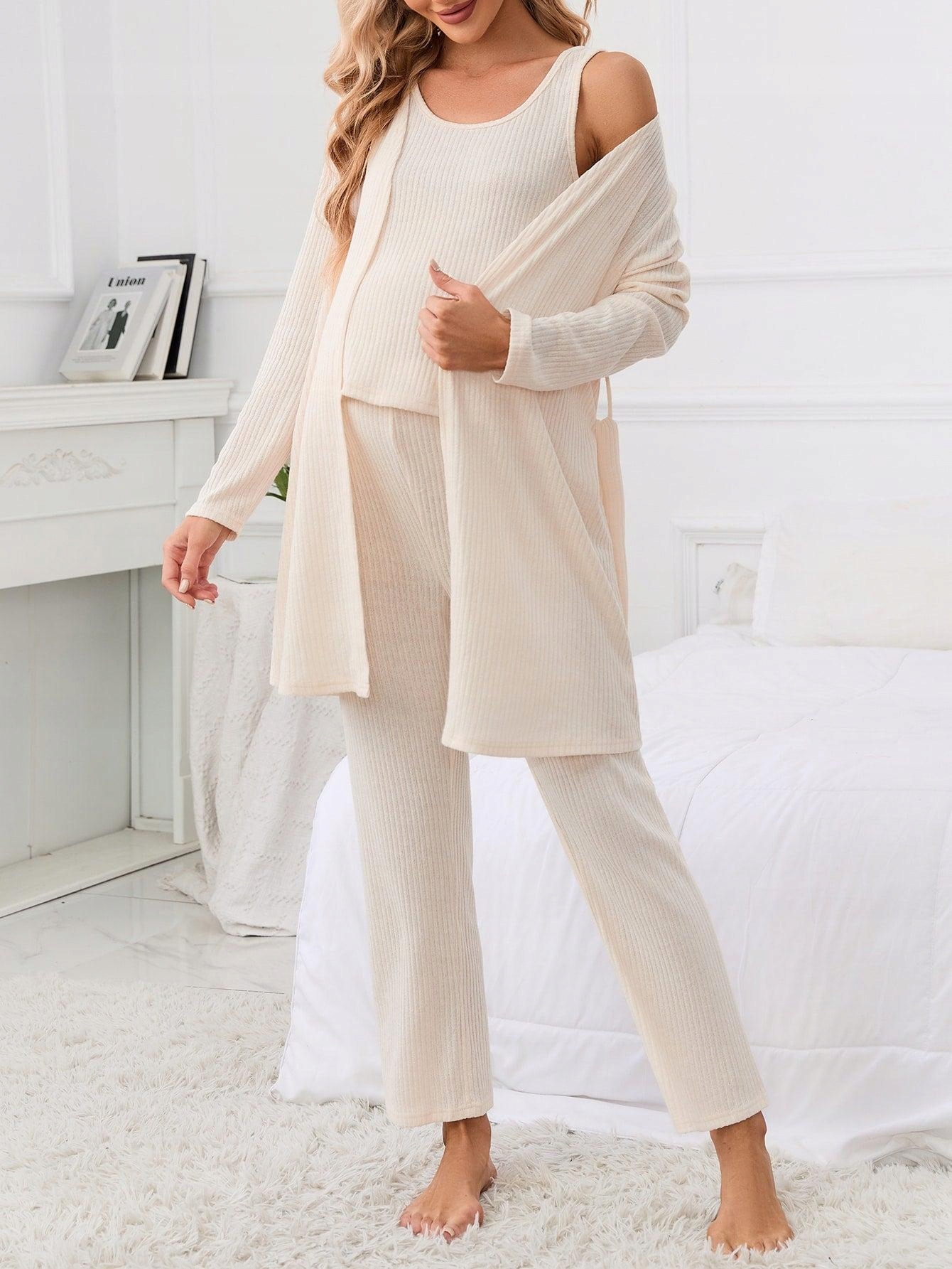 KREMOWY PRĄŻKOWANY KOMPLET CIĄŻOWY TOP SZLAFROK SPODNIE DŁUGIE SHEIN 44 Marka Shein