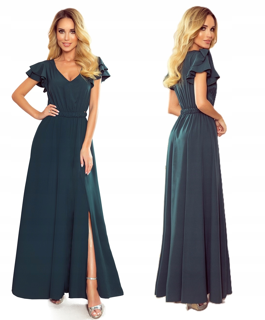 Dámské Dlouhé Šaty S Volánky Na Ramenou, Lahvově Zeleň S