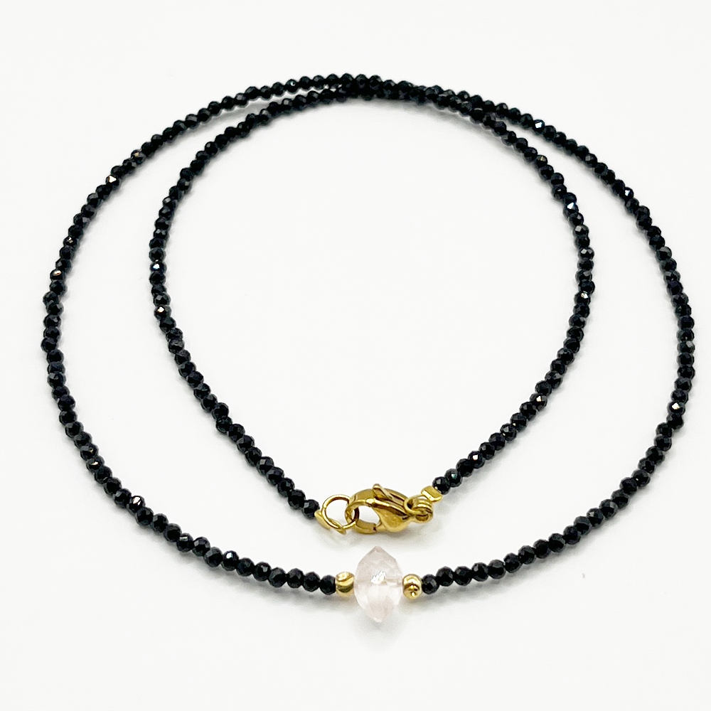 Czarny Turmalin Kwarc Różowy Naszyjnik ze złotym stalowym zapięciem 2mm