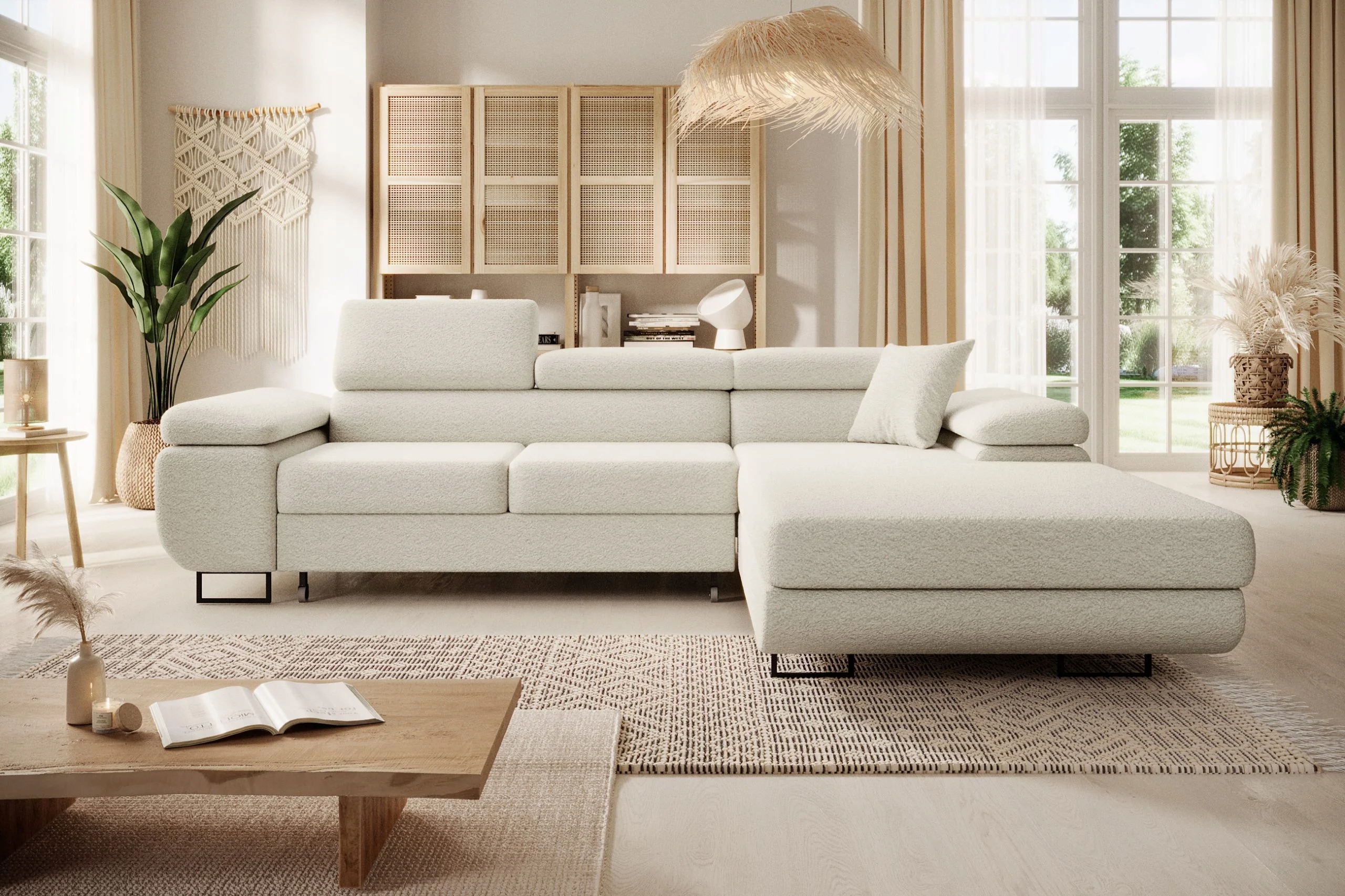 Moderní rohová sedací souprava boho pro každodenní spaní krémový Astorp L pravý