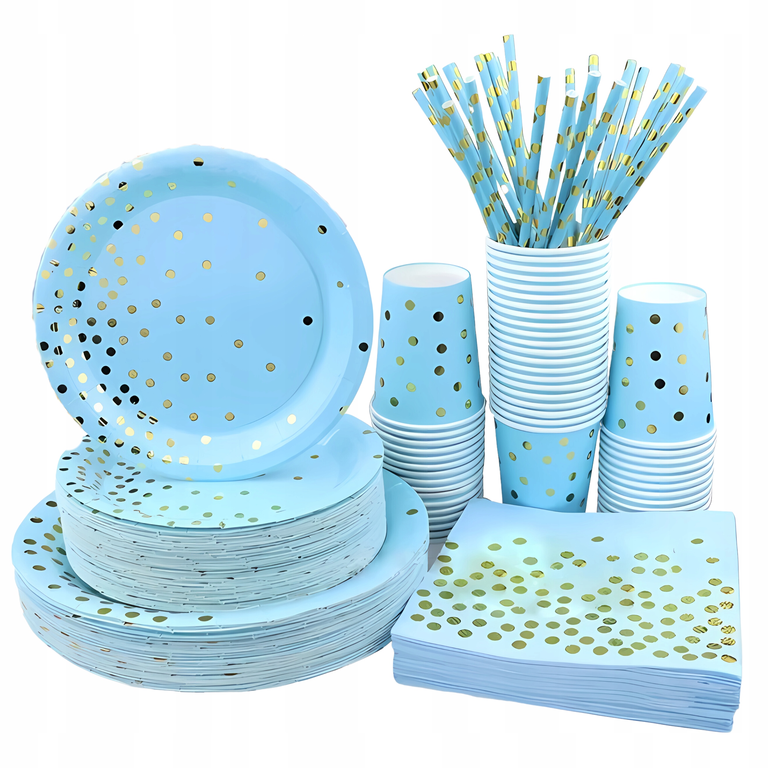 TALERZE KUBKI JEDNORAZOWE SERWETKI PAPIEROWE NIEBIESKIE ZŁOTE URODZINY