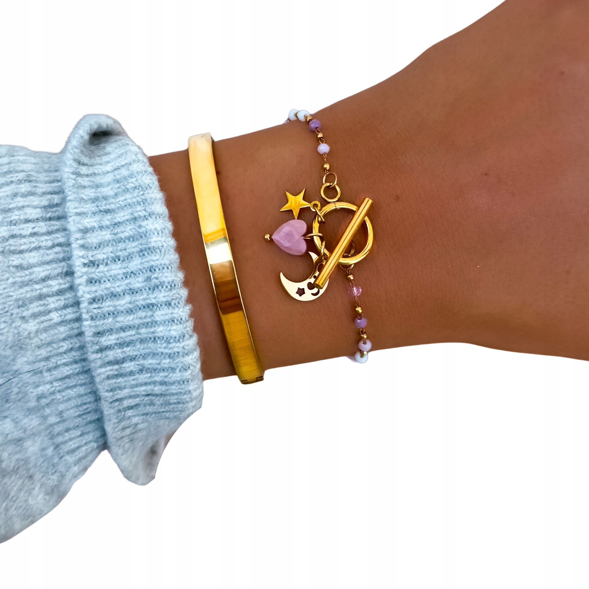 złota bransoletka z rodonitem serce gwiazdka stal 316L dla niej