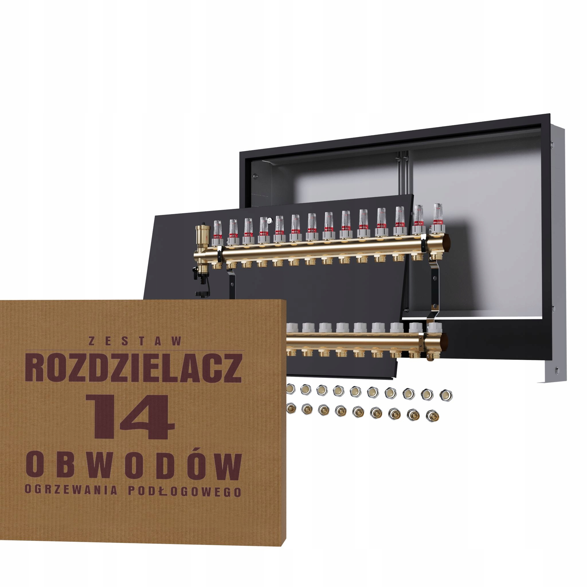 Mosazný rozdělovač pro podlahu 14 okruhů černá skříňka Pex