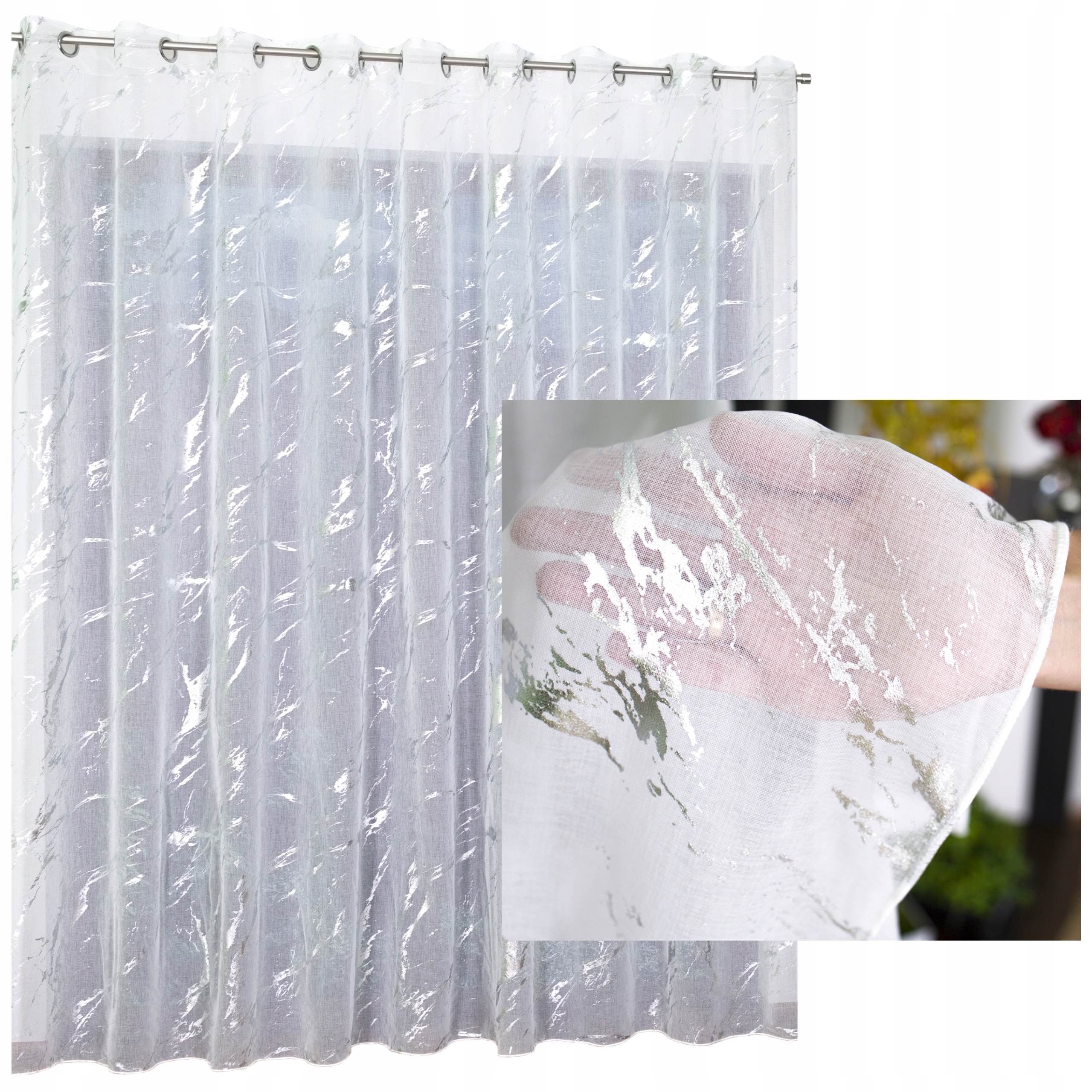 Stříbrná mramorová Záclona Amara, efekt sýrové tkaniny, oka očka, 600x265 cm