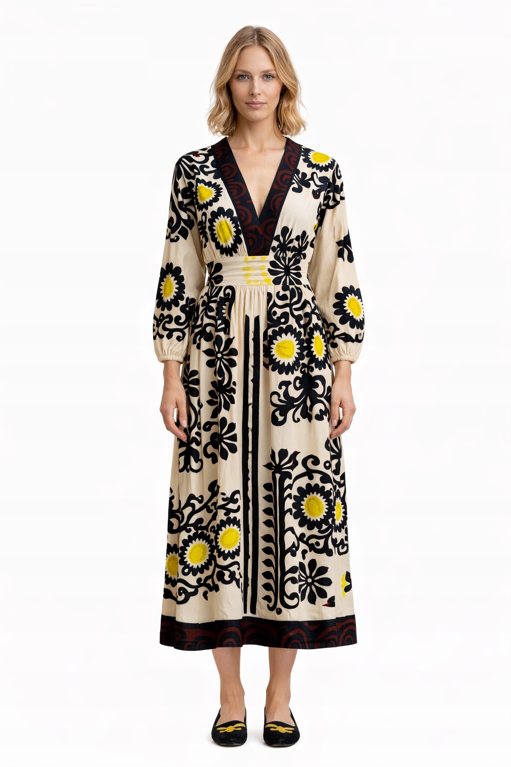 Šaty MIDI S Hlubokým Výstřihem A Orientálním Potiskem S/m I3A