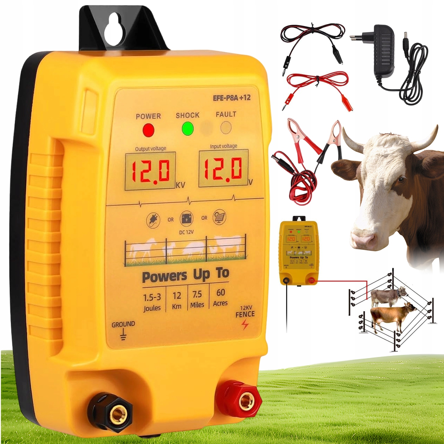 Elektrický Pastuch Na Divoký Dobytek A Koně 12 Km Dosah IP54 Voděodolný LCD