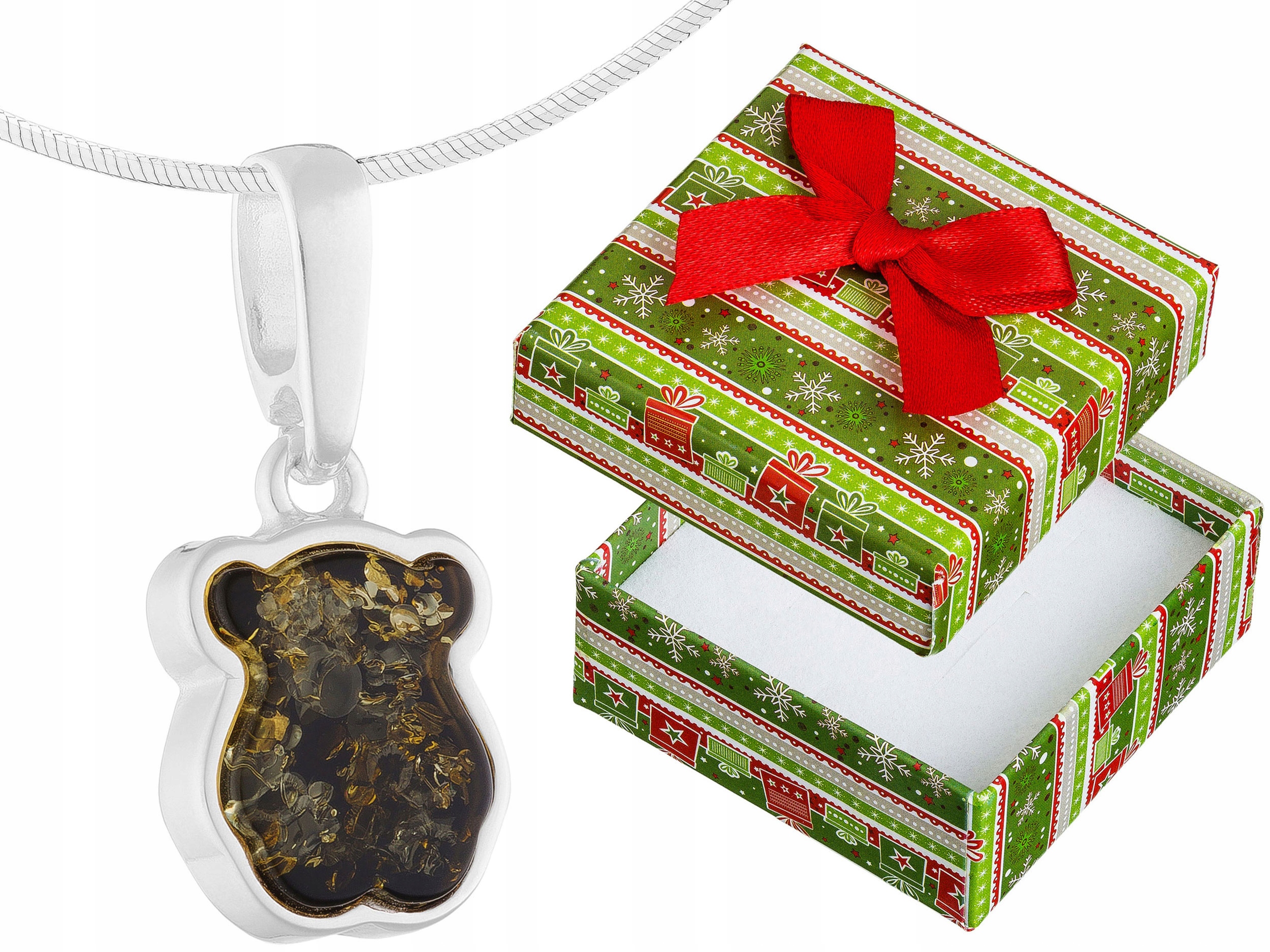 Dlouhý stříbrný dámský náhrdelník s medvídkem Zelený jantar Medvídek Stříbro 80 cm