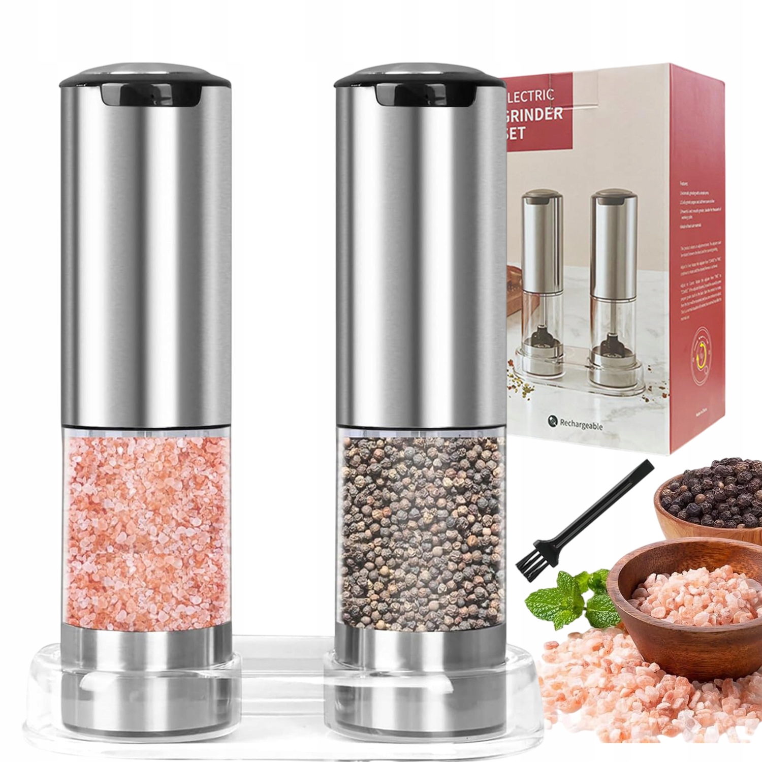 Elektrický Mlýnek Na Sůl A Pepř Usb Sada 2 Ks Stříbrný S Regulací