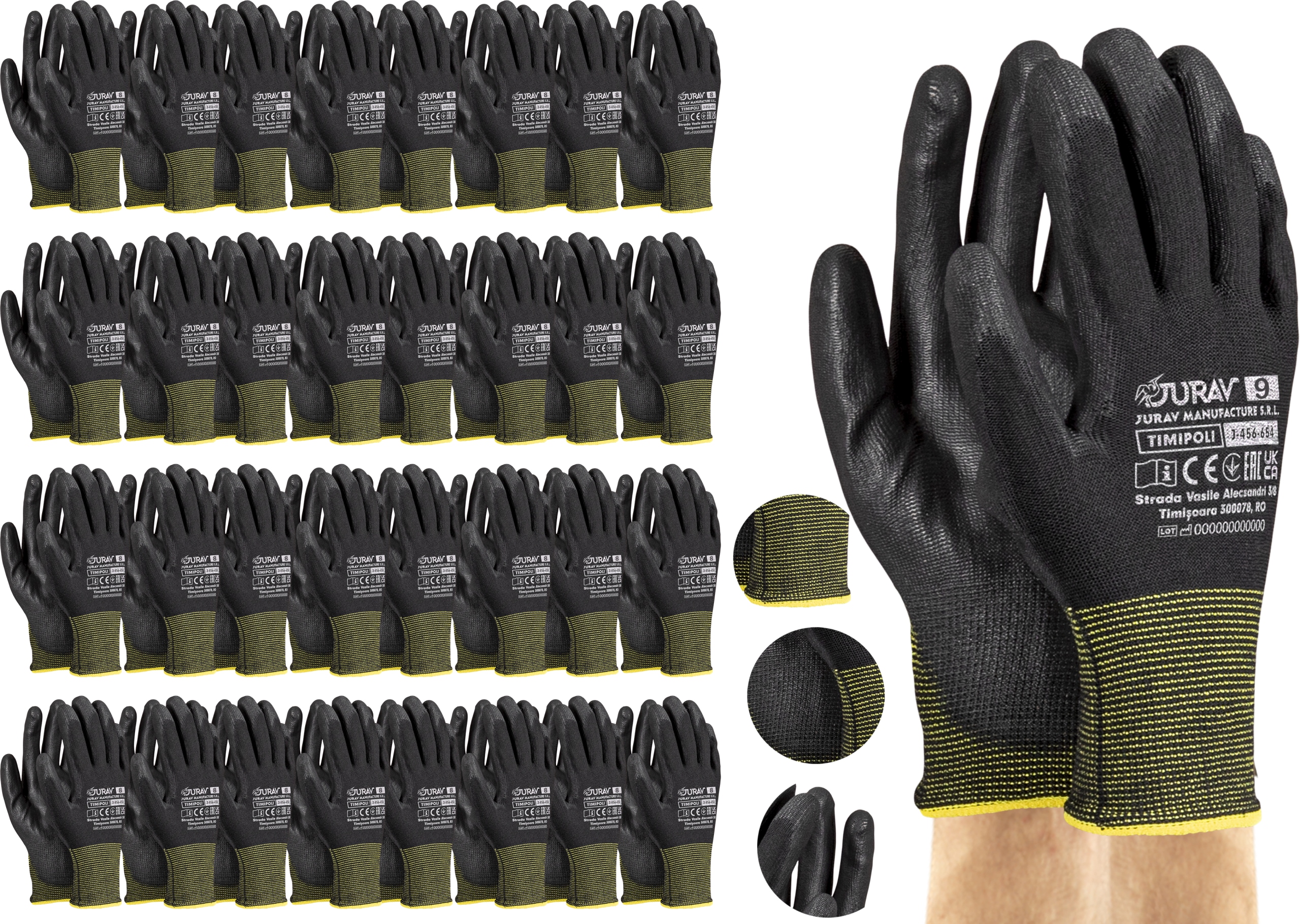 Pracovní Rukavice Odolné Polyuretanové J-timipoli Se Stahovací Šňůrkou, Velikost 9 120 Párů