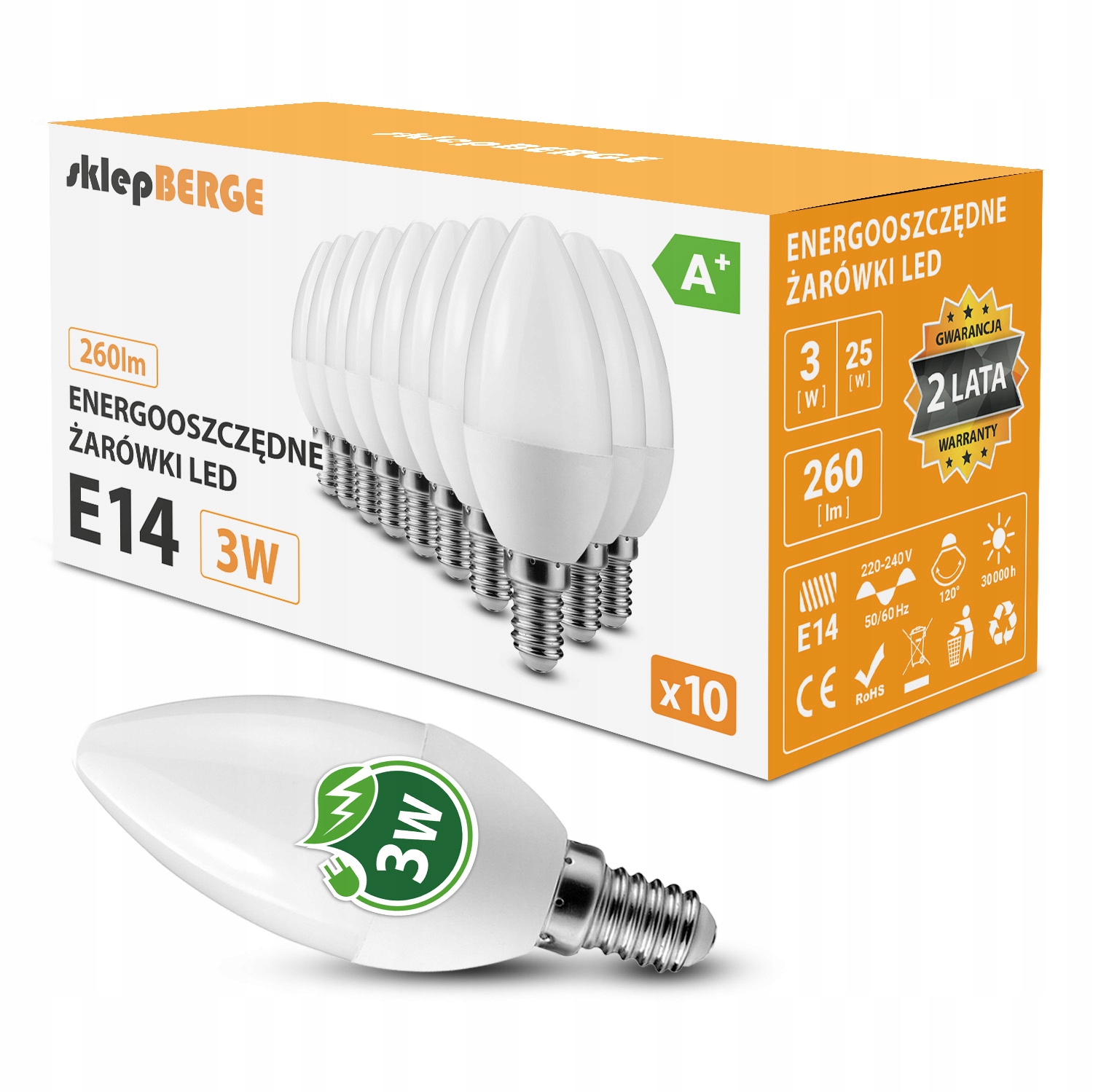 

10x Żarówka Led E14 C37 3W=25W 260lm 3 Barwy Berge