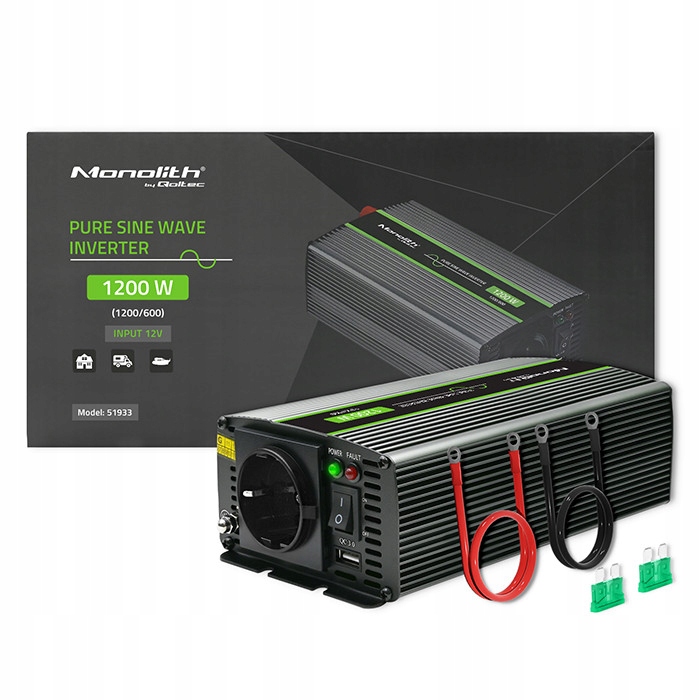 Qoltec Przetwornica Monolith 600W 1200W 12V na 230V Czysty Sinus