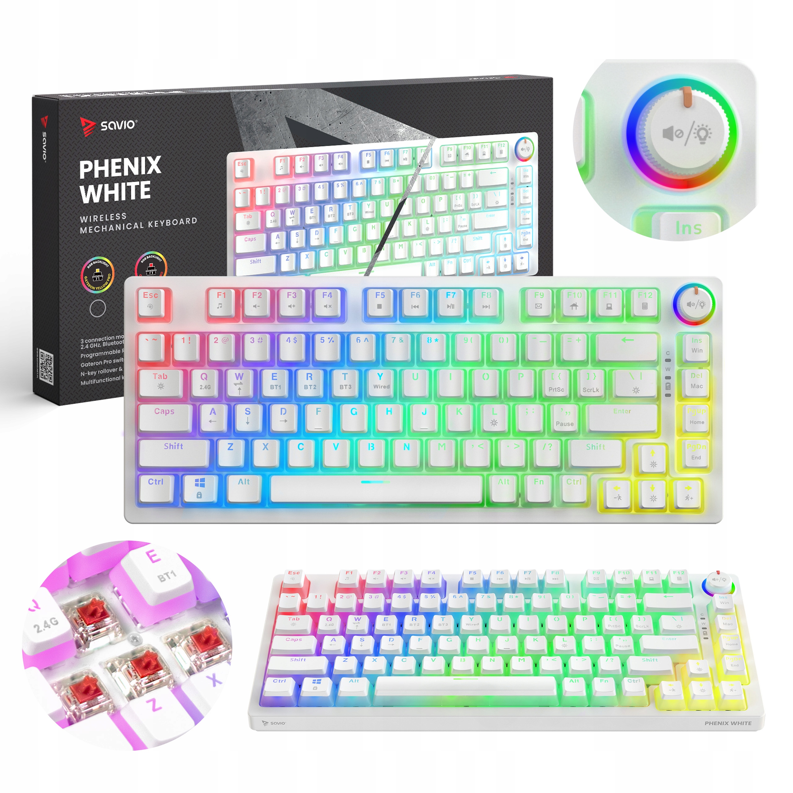 Klawiatura mechaniczna bezprzewodowa Savio Phenix White Gateron Red Pudding