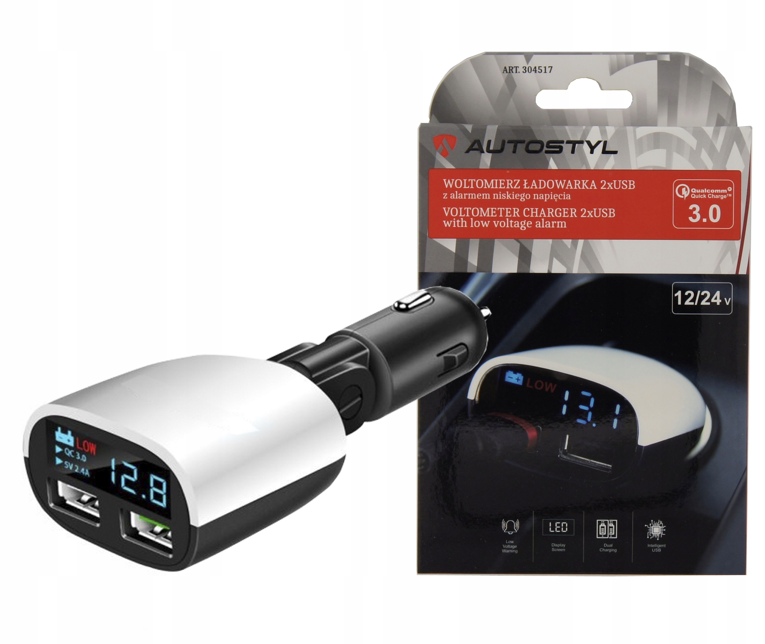 Ładowarka 2xUSB Woltomierz Alarm Niskiego Napięcia 8-30V 2xUSB 3.4A +alarm