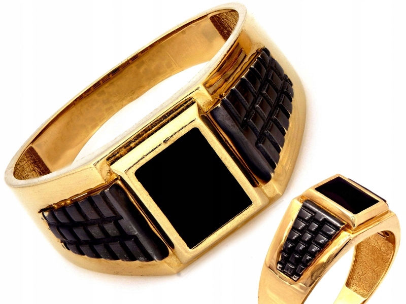 Široký zlatý prsten 585 14kt rhodiovaný zdobený černými kameny 7g R26