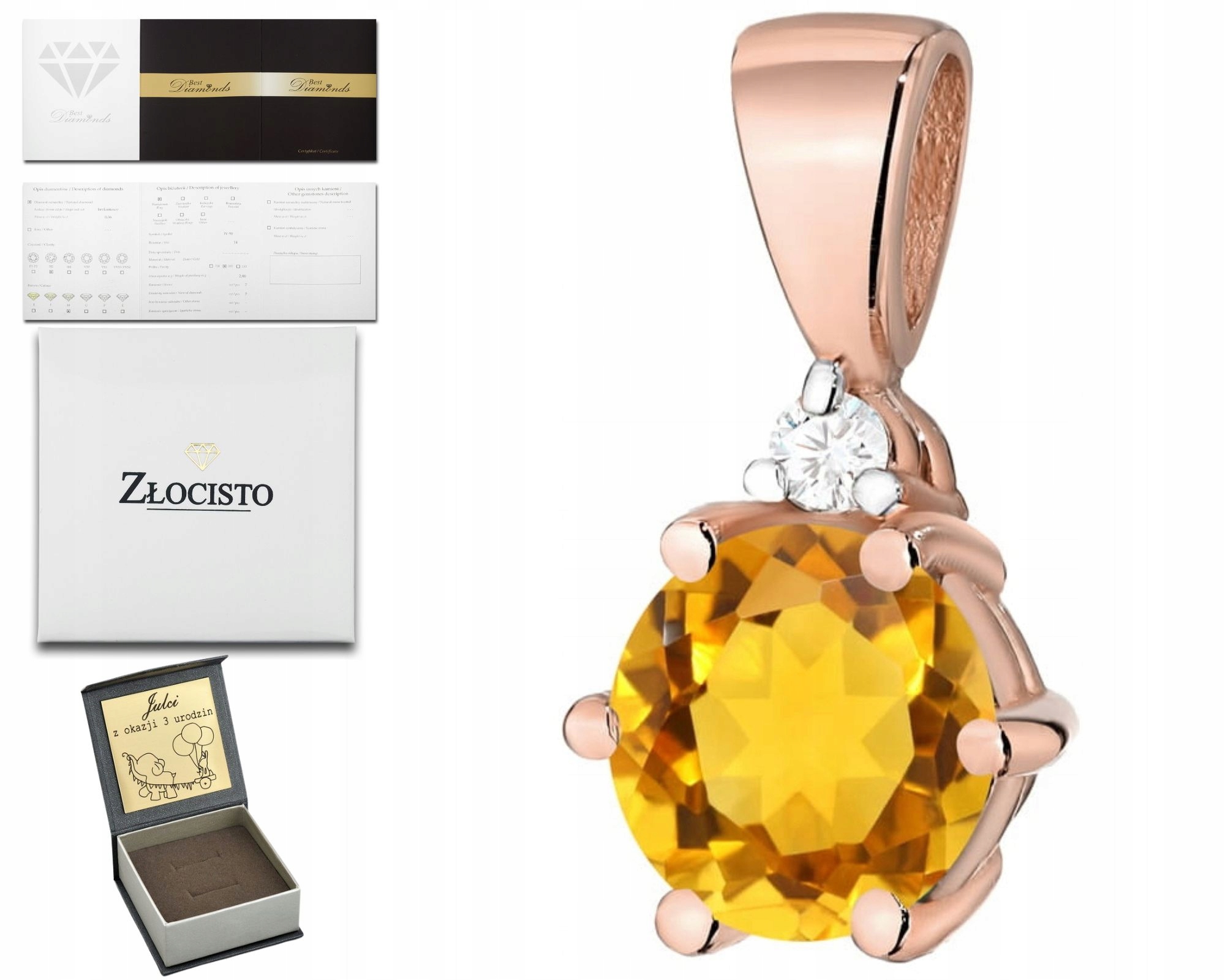 Růžové Zlato Přívěsek Přírodní Kámen Citron A Briliant Gravírování 585 Dárek