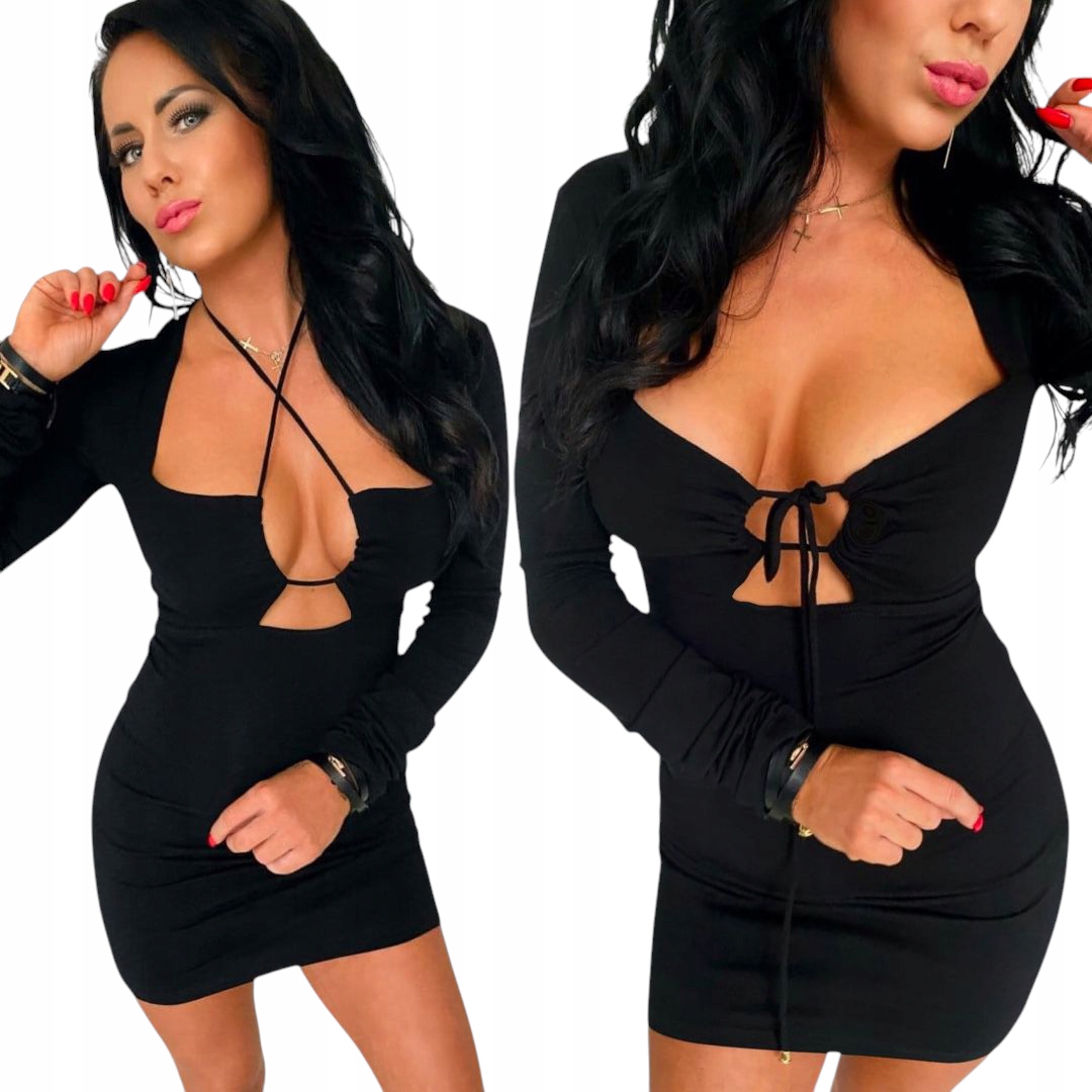 Elegantní dámské mini šaty sexy dlouhým rukávem a hlubokým výstřihem, velikost M 38