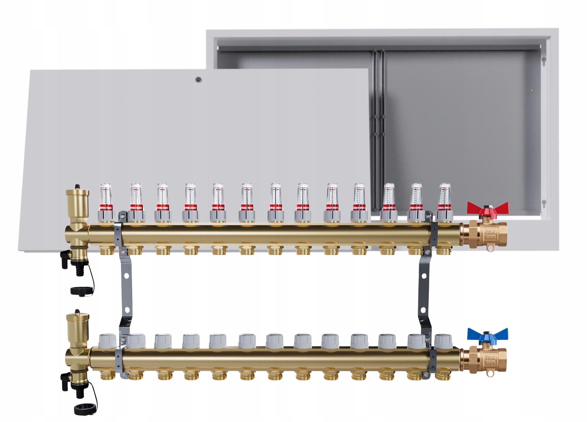 Rozdělovač podlahových krytin mosazný 13 obvodů nástěnná skříňka jednoduchý ventil