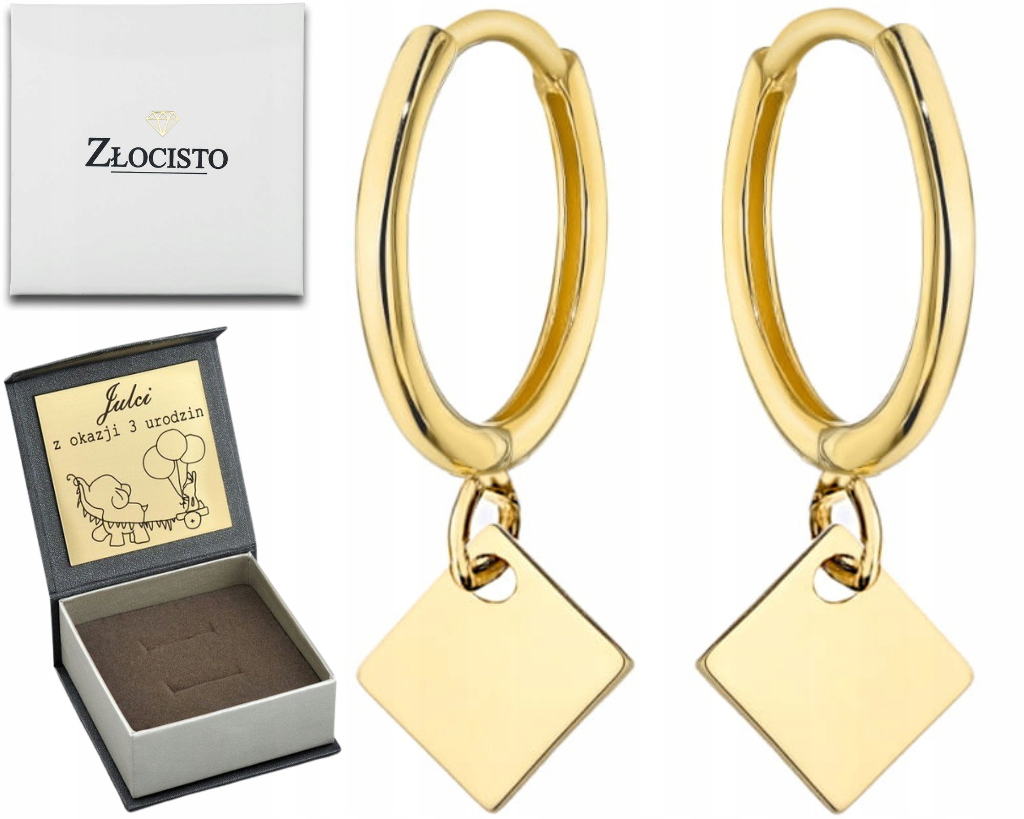 Zlaté Náušnice Kroužek Se Závěsným Kosočtvercem Ryzost 585 Dárek Gravírování