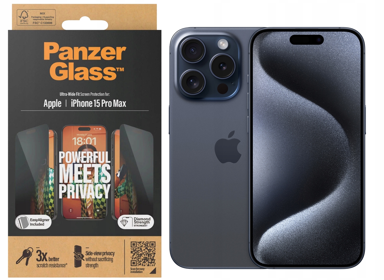 Sklo Ultra-Wide Fit Privacy PanzerGlass pro iPhone 15 Pro Max, tónované