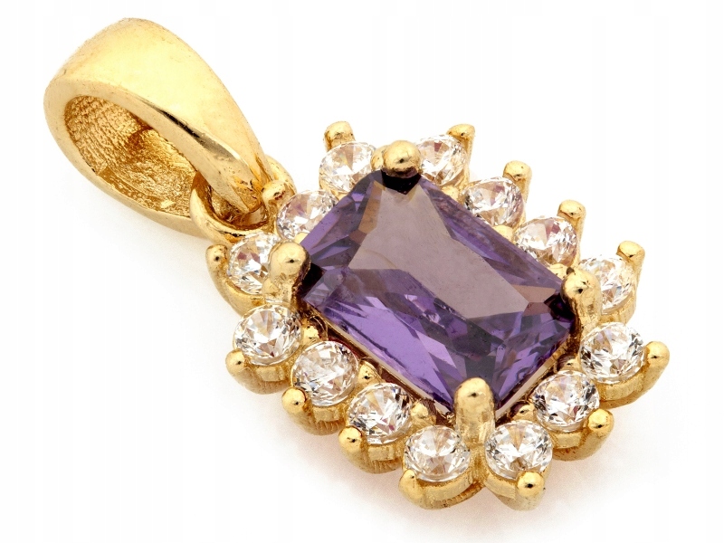 Zlatý přívěsek 585, obdélníková markýza se zirkony a fialovým očkem