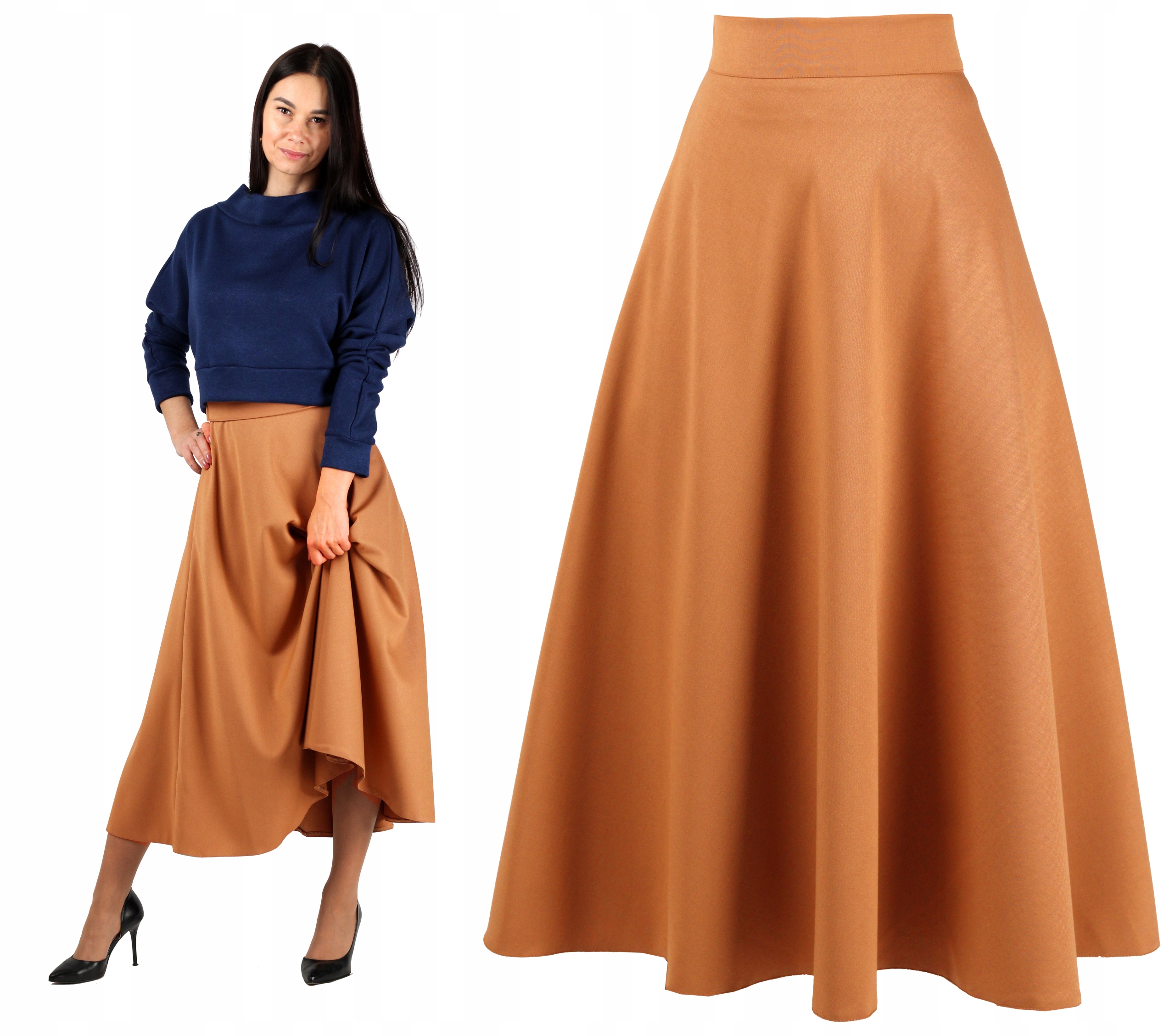 XXL Twill Medová sukně s kapsami, krásná, dlouhá podzimní zima