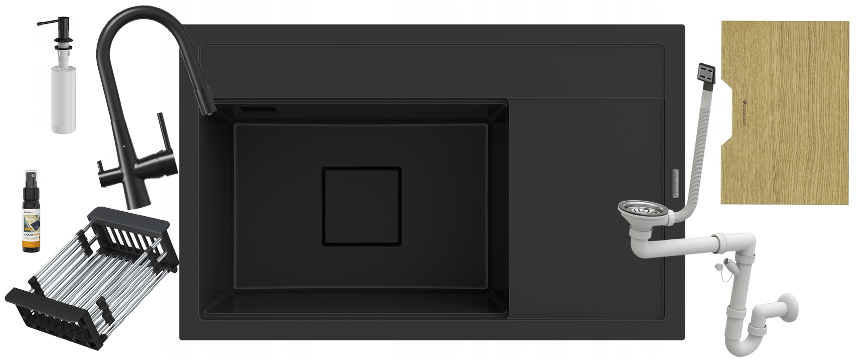 Čierny granitový drez Rendo Set batéria do filtra umývačka a odkvapkávacia doska