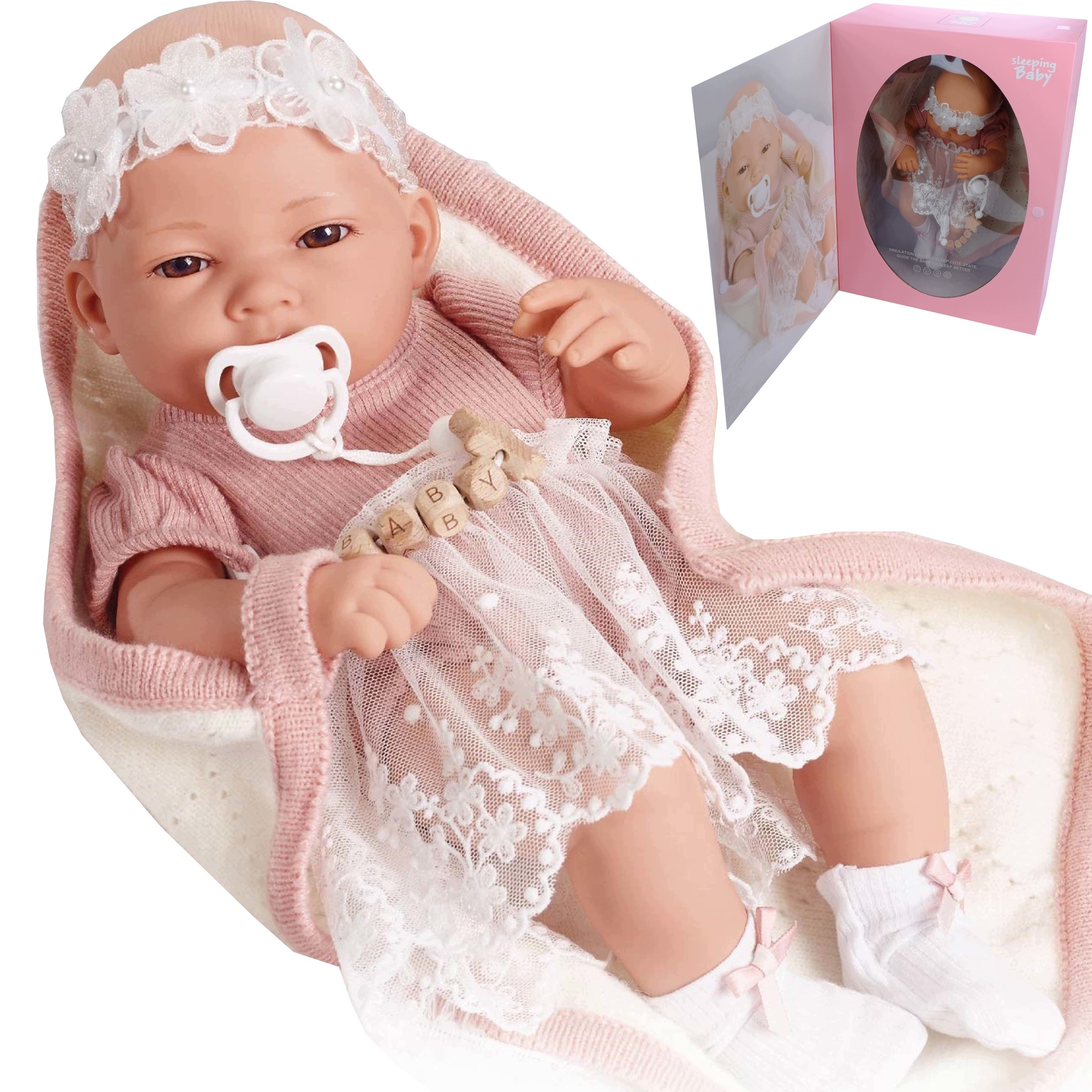 Lalka Bobas Realistyczna Akcesoria kocyk becik smoczek 38 cm