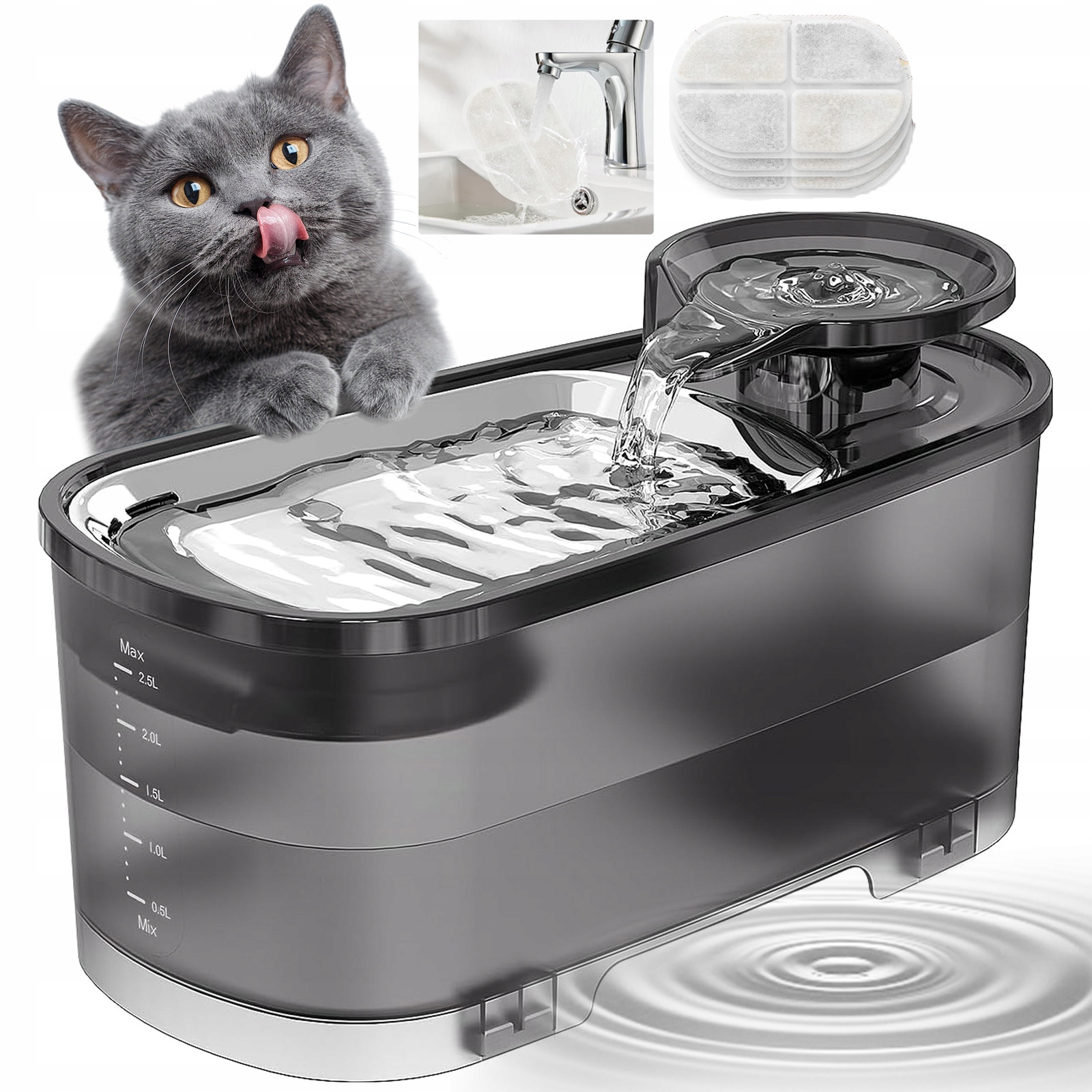 Levně Praktická Fontána 2,5 L Pro Kočky – Uhlíkový Filtr A Tichá Obsluha
