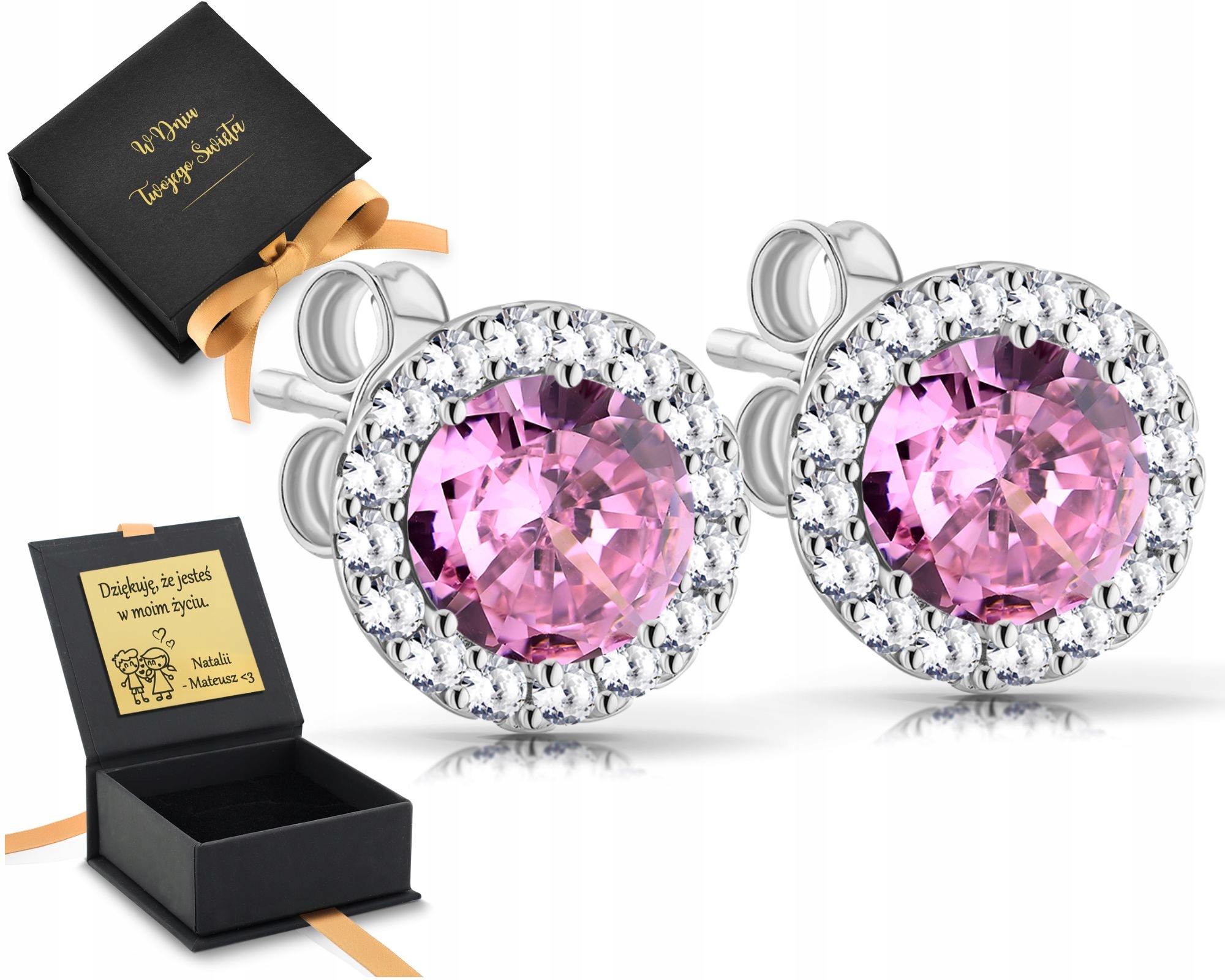 Stříbrné Náušnice S Růžovým Kamenem 925 Gravírování