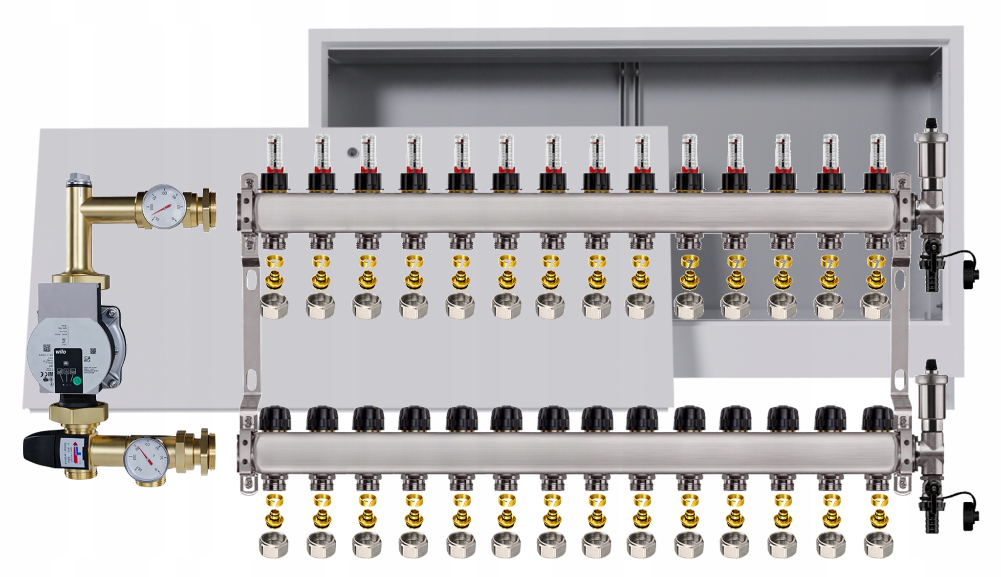 Nerezový rozdělovač pro podlahovku 14, podomítková skříňka Pompa Wilo +pex