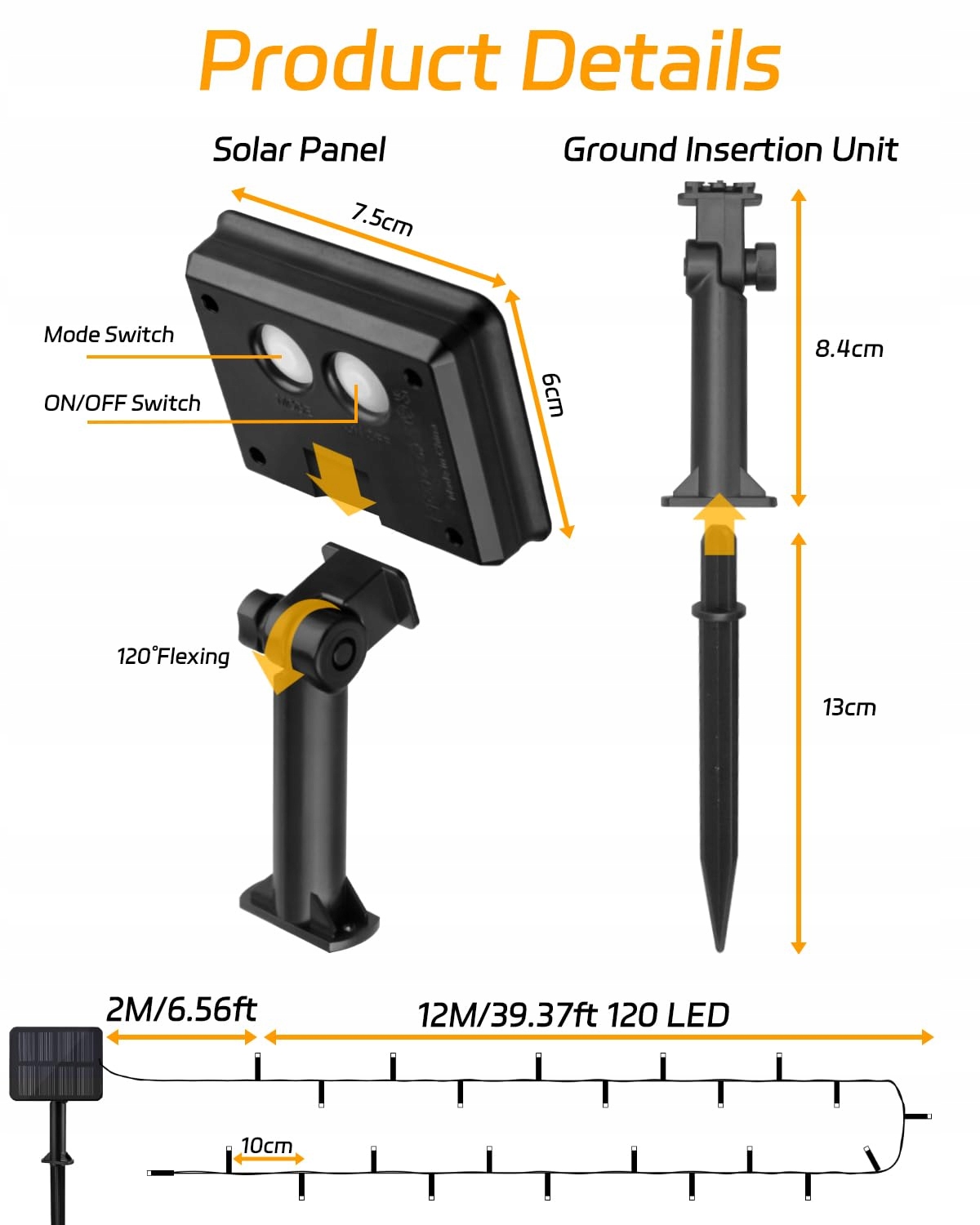 DALUGO Girlanda Solarna Zewnętrzna 12M 120 LED Ciepła Biała Ogrodowa — miniatura 4