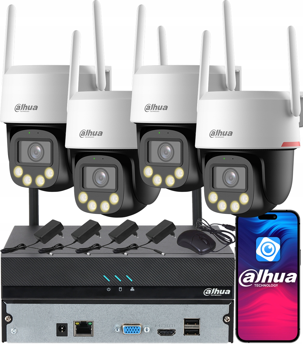 Monitoring Dahua 4x Kamera WiFi 5MPx P5F-PV-PRO WizColor Zewnętrzna Led Ai