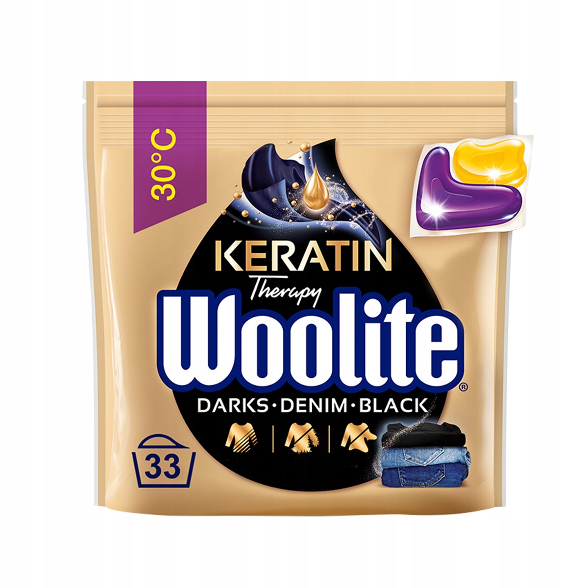 Levně Woolite Gelové kapsle na praní s keratinem, černá, tmavé barvy, 33 ks