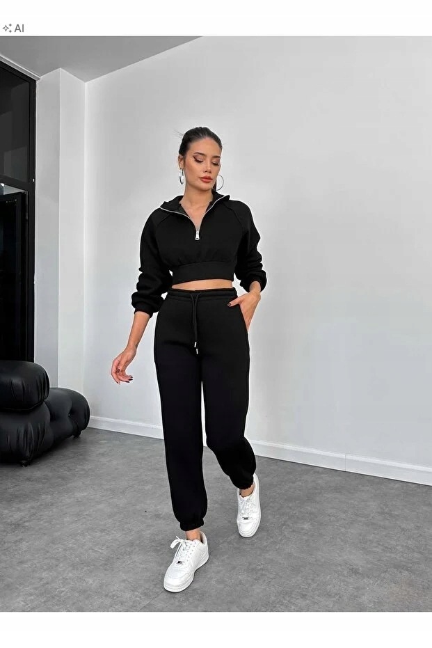 Černý Teplákovka Sportovní Set Měkký Krátký Top L 5IA