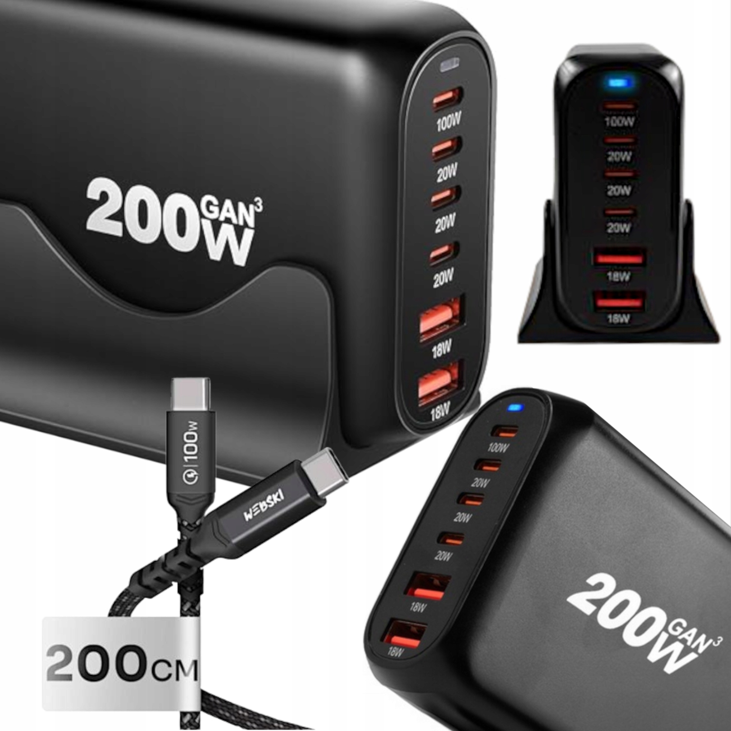 Síťová Nabíječka 200W GaN Qc 6xUSB Rychlá Výkonná Stolní Dokovací Stanice