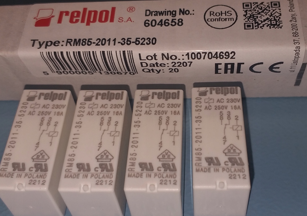 Przekaźnik mechaniczny Relpol RM85 230V 16A Napięcie pracy cewki 230V AC Kod producenta RM85-2011-35-5230