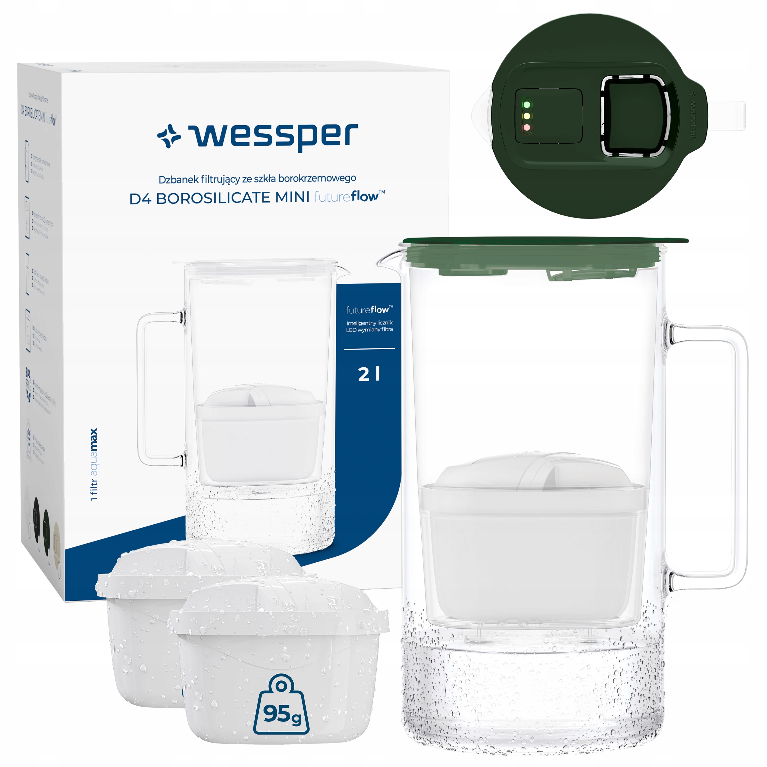 Szklany dzbanek filtrujący Wessper D4 Borosilicate Mini 2l 3x filtr