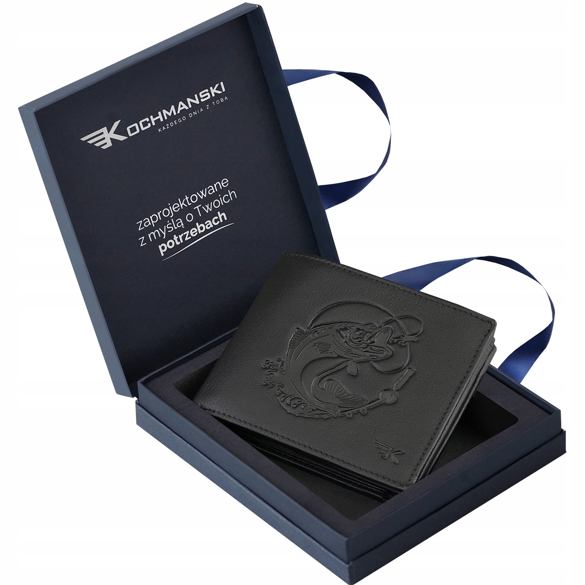 Kochmanski portfel męski skórzany czarny z wędką dla wedkarza