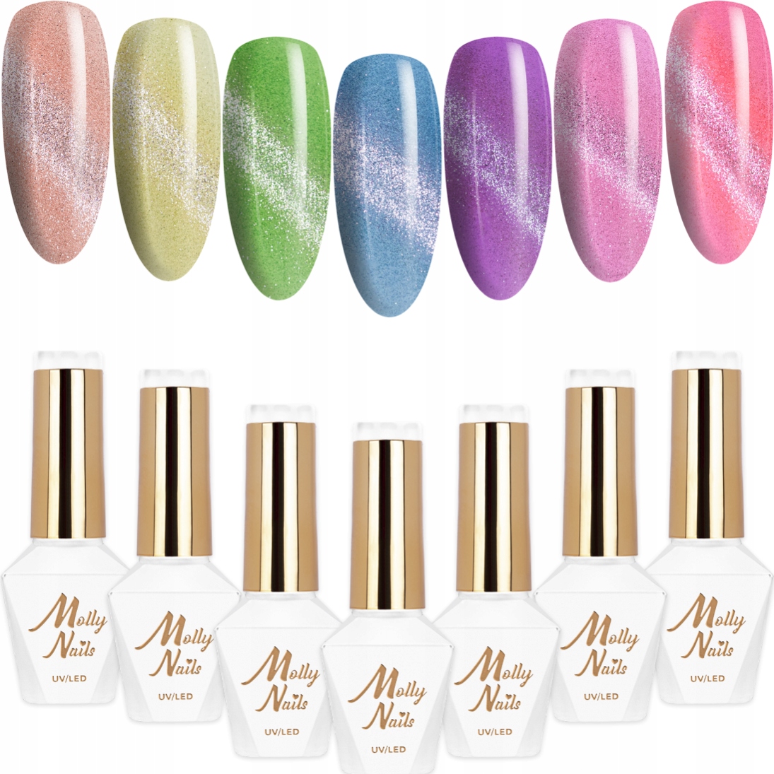 7 x Hybridní lak Mollynails 8 g Cat Eye Crystal Water Set 7v1 Jarní