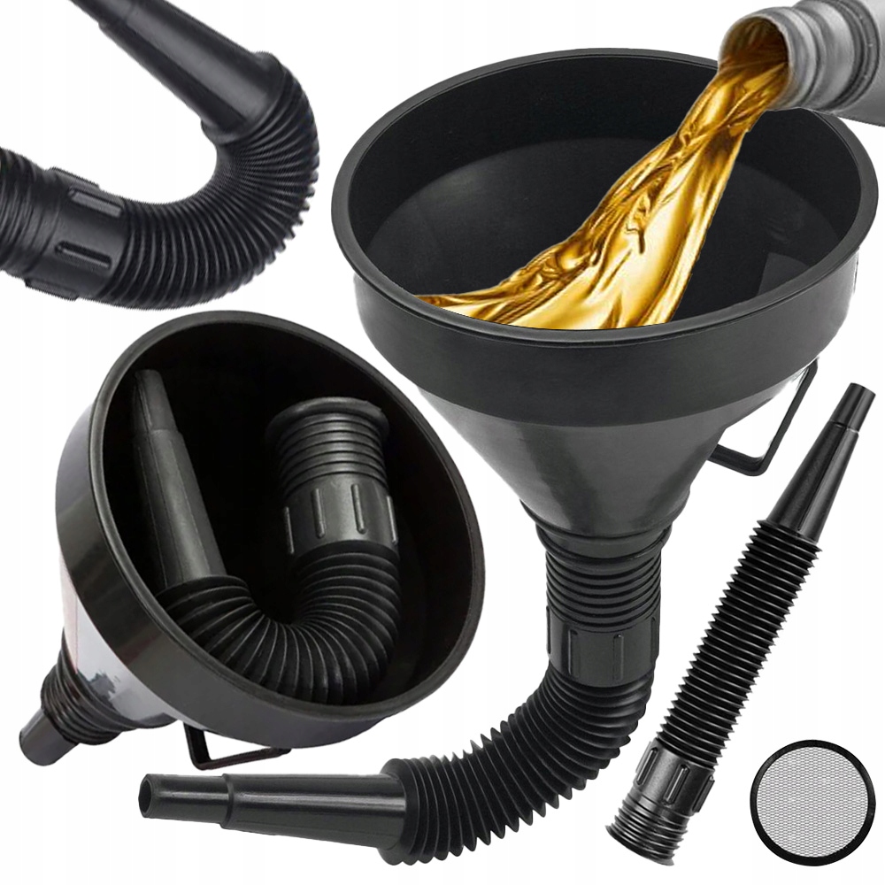 LEJEK SAMOCHODOWY PLASTIKOWY Z SITKIEM I ELASTYCZNĄ KOŃCÓWKĄ DO PALIWA AUTA