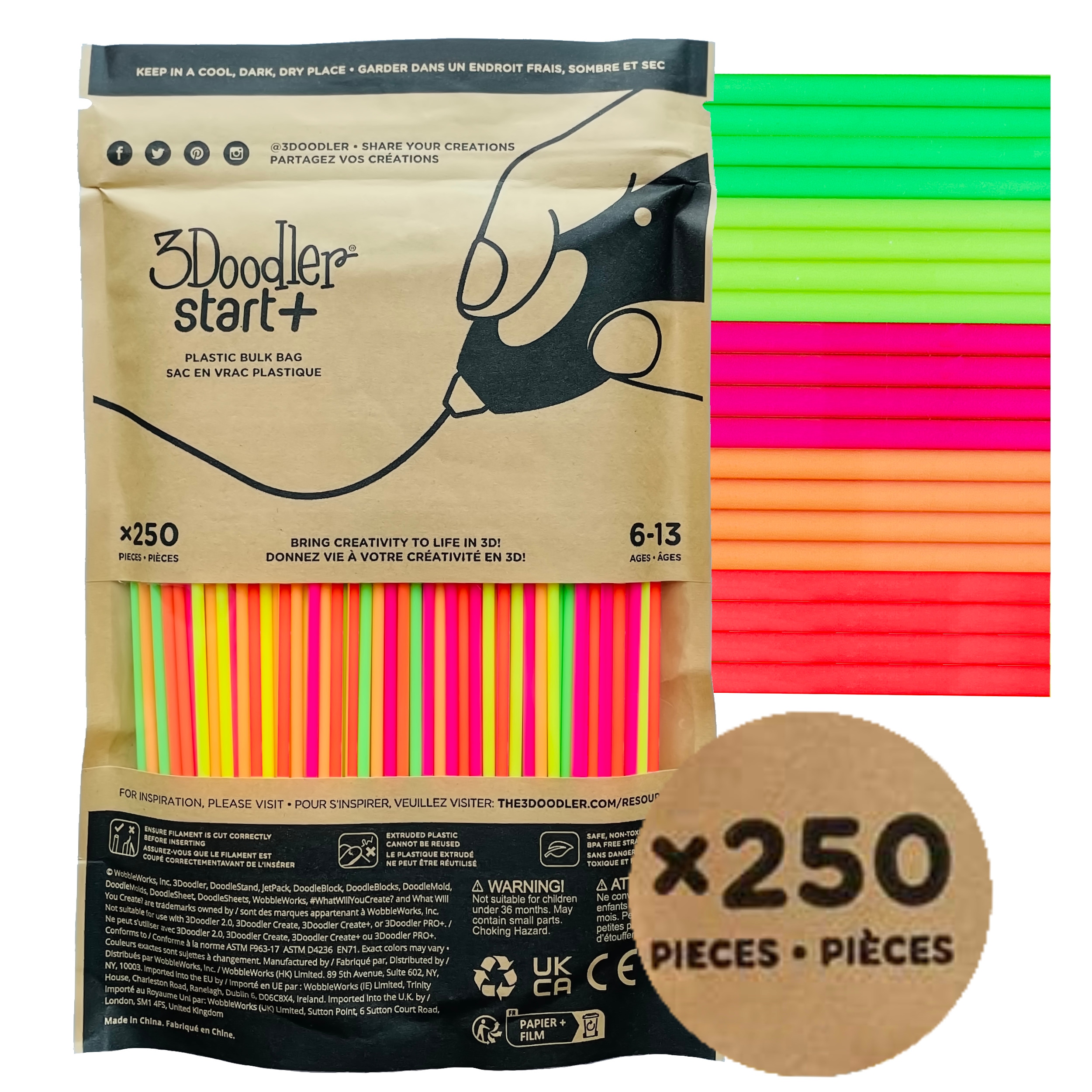 Neonowy Filament Wkład 3D 2,5mm wielokolorowy do Długopisu 3Doodler 250 szt