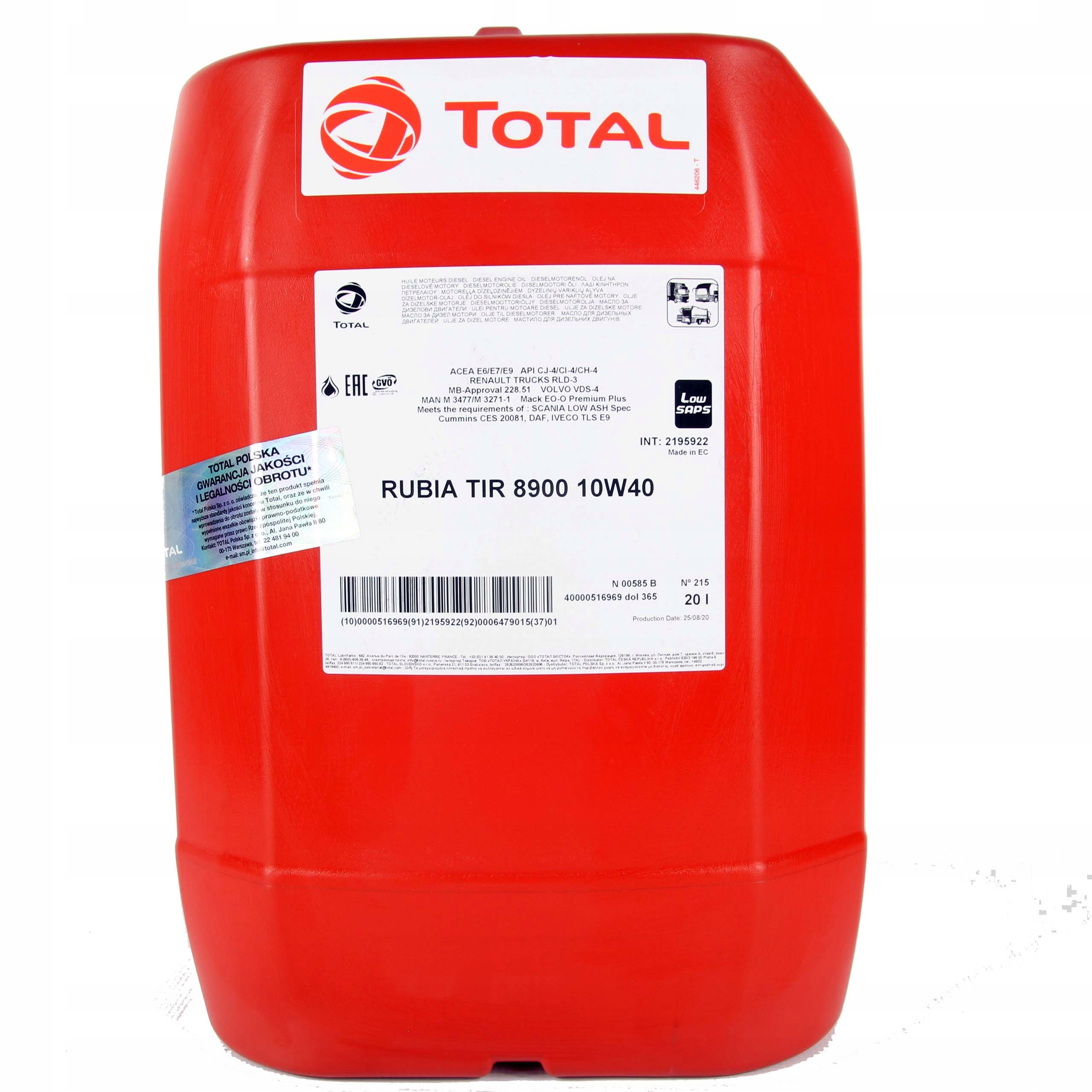 Моторное масло Total Rubia TIR 8900 10W40 20L