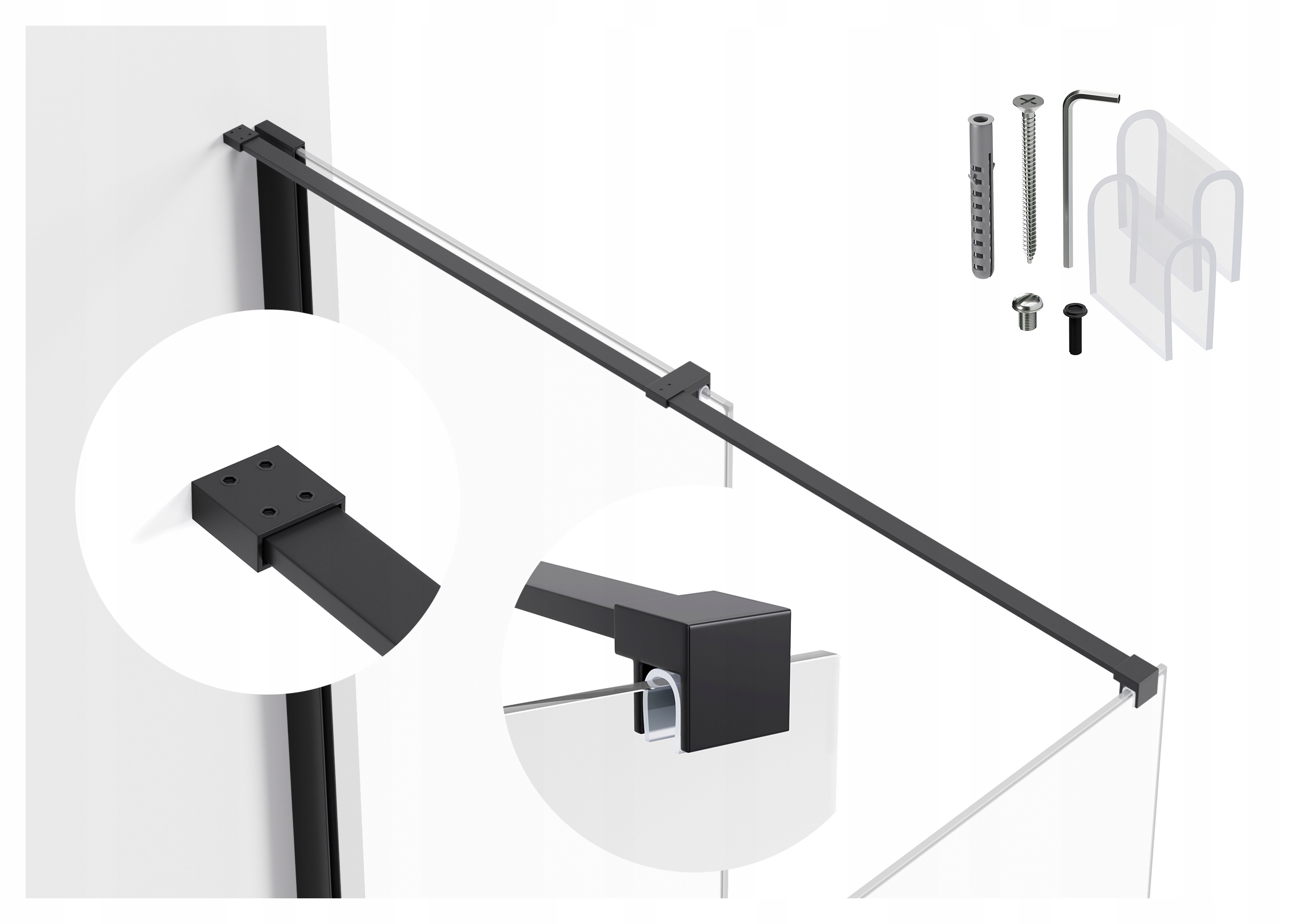 Držák do kabiny nastavitelný od 30 do 120 cm, sklo 6-8 mm, černý matný reling