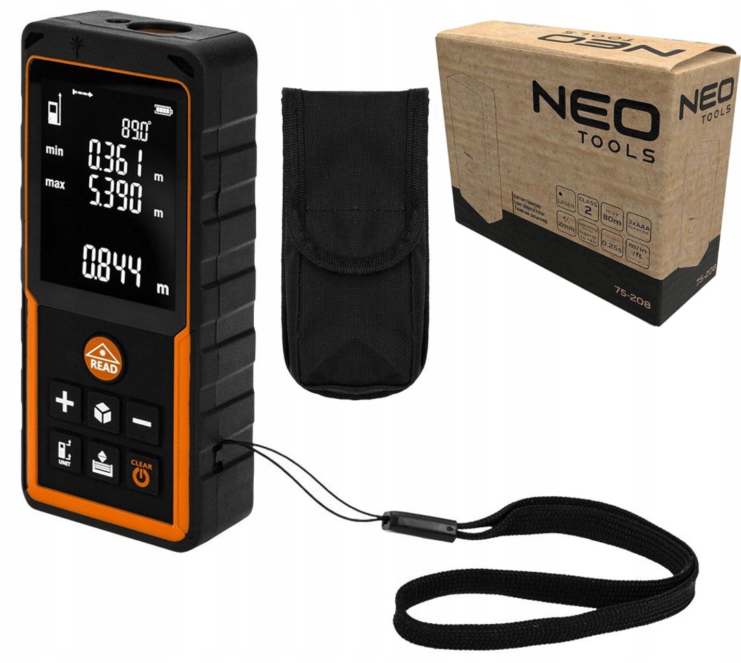 Neo Dalmierz laserowy z etui 3xAAA IP43 zasięg 80m 75-208