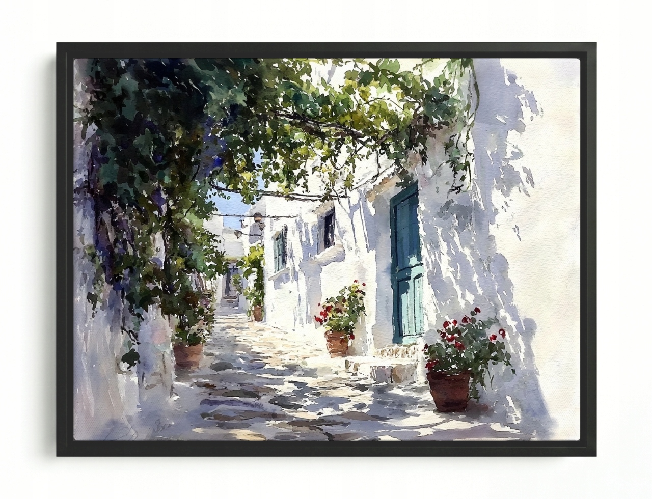 Obraz Rám American Box Řecko Bílé Domky Květiny Pergola Santorini 80x60