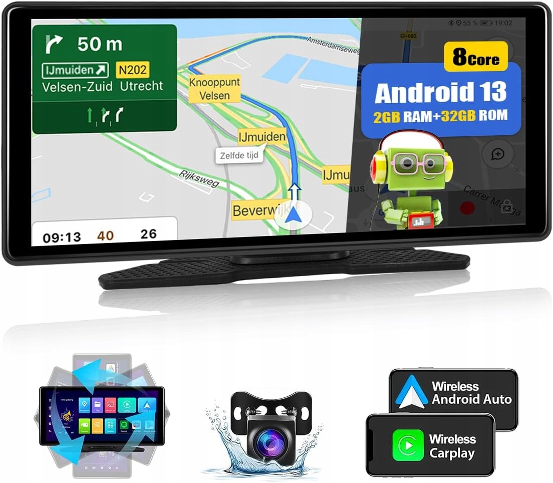 Camecho Android 13 Autorádio s CarPlay, 8 jader, 2GB+32GB, WiFi, Fm, Aux couvací kamera
